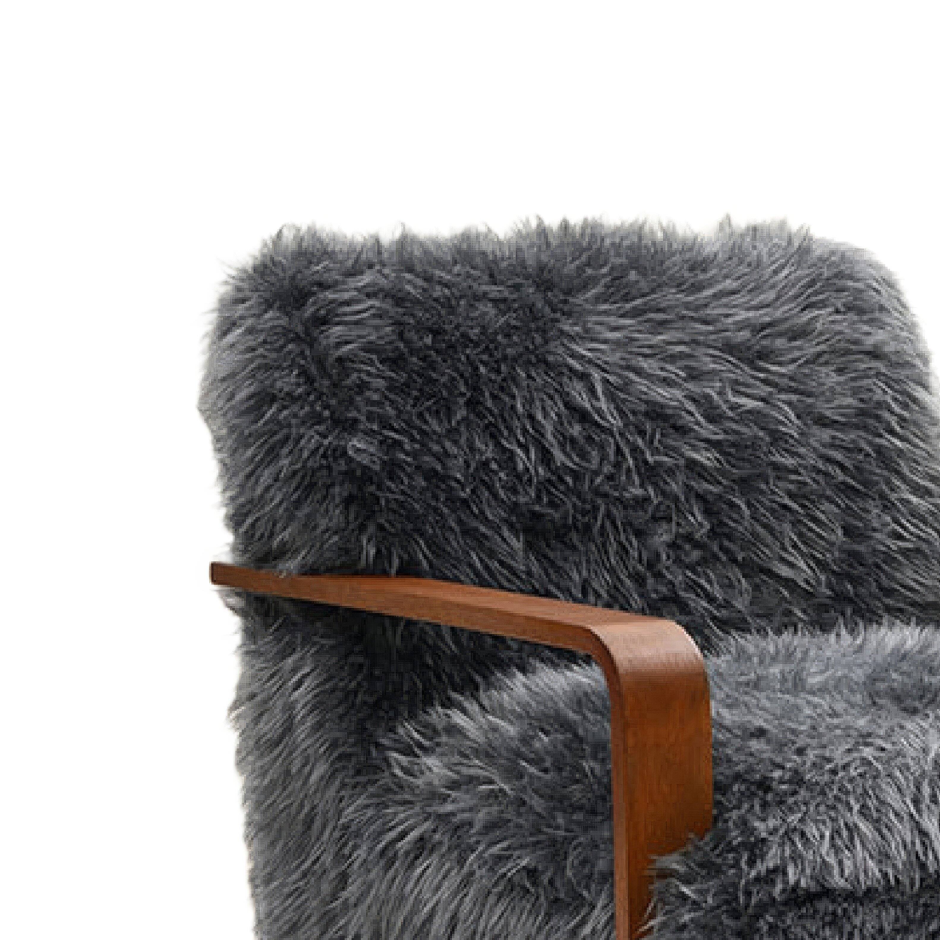 Back. Manhattan Lane - Lama Accent Chair with Wooden Arms, Retro Design, Charcoal Faux-Fur - Charcoal Gray, Walnut Brown.