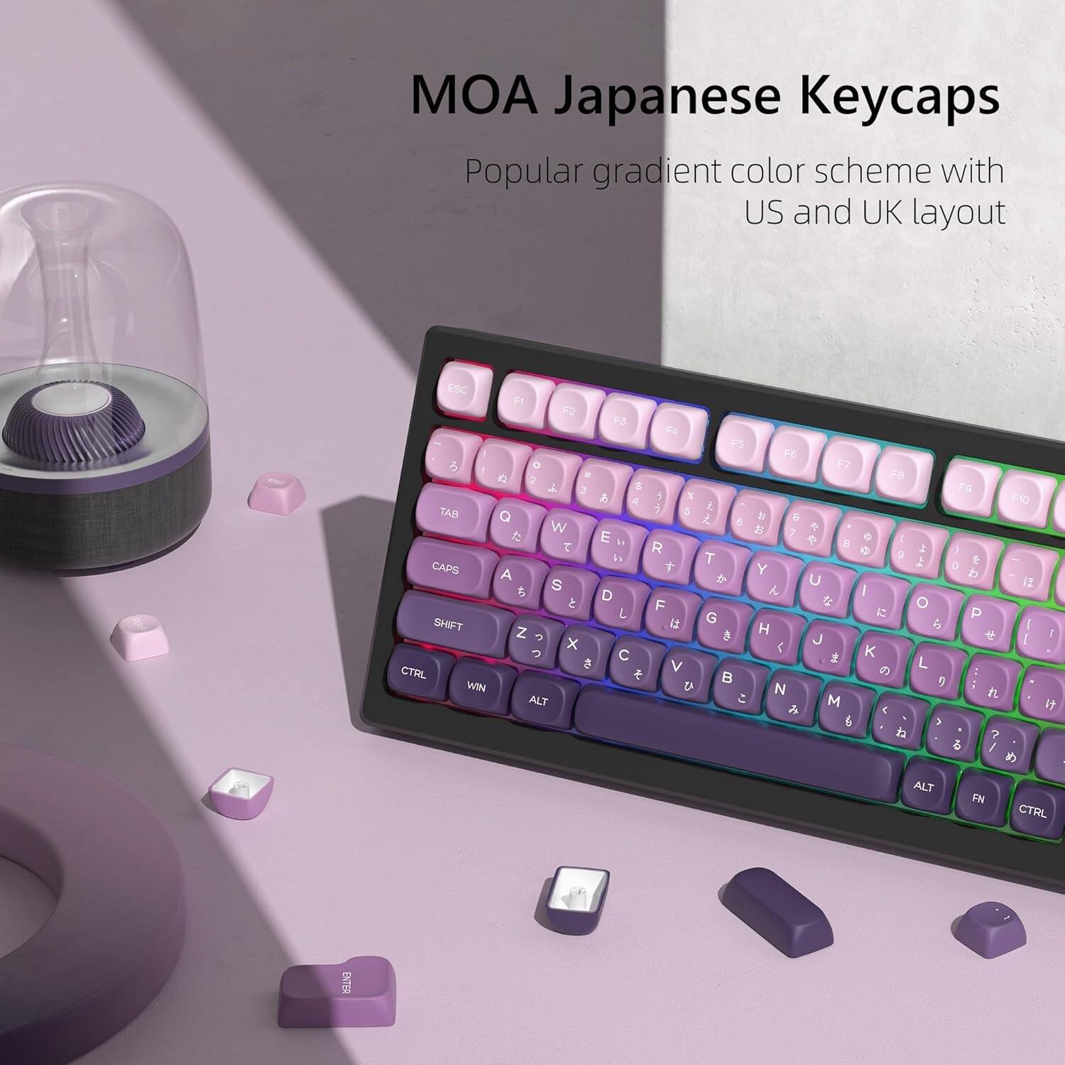MOA Japanese Keycaps  
Popular gradient color scheme with US and UK layout  

ESC F1 F2 F3 F4 F5 F6 F7 F8 F9 F10  
1 2 3 4 5 6 7 8 9 0 - = \  
Q W E R T Y U I O P  
A S D F G H J K L ; '  
Z X C V B N M , . /  
CAPS SHIFT CTRL WIN ALT FN CTRL