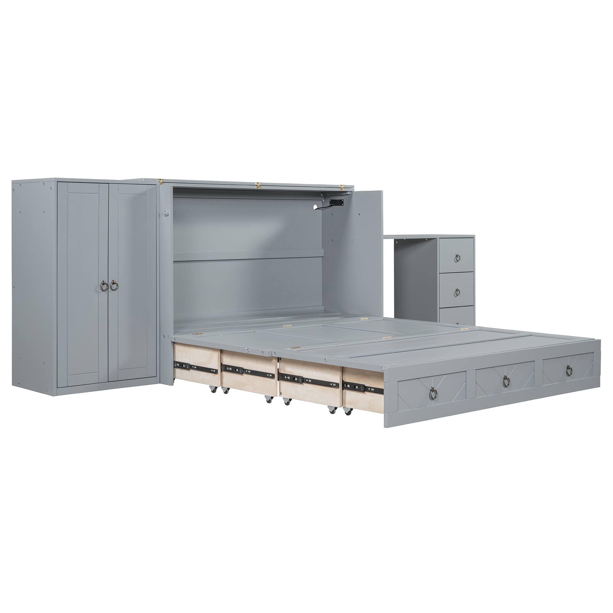 Alt View 2. Tiramisubest - Queen Size Murphy Bed with USB, Drawer, Wardrobe/Desk - Gray Wood+MDF Cabinet Bed - Gray.