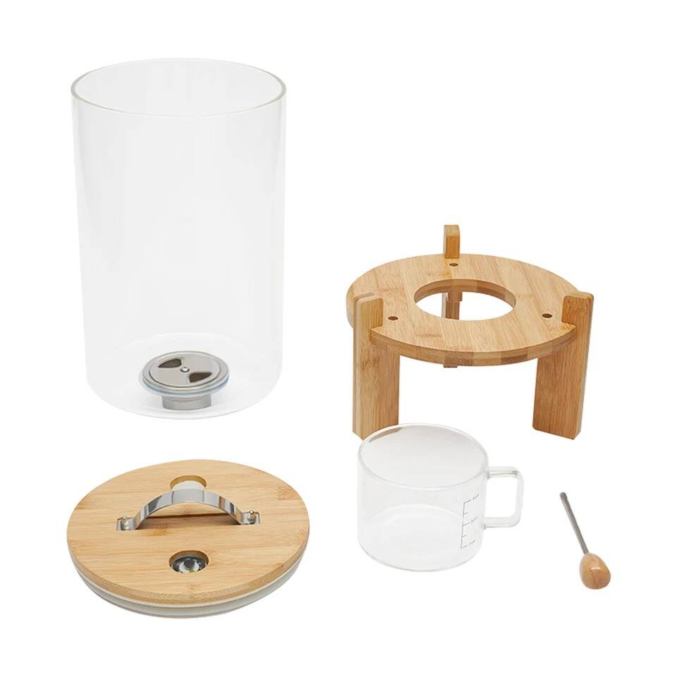 Back. Home Collection - 7.5L Glass Rice and Grain Storage Dispenser with Bamboo Stand and Valve - Clear (Glass) and Natural (Bamboo).
