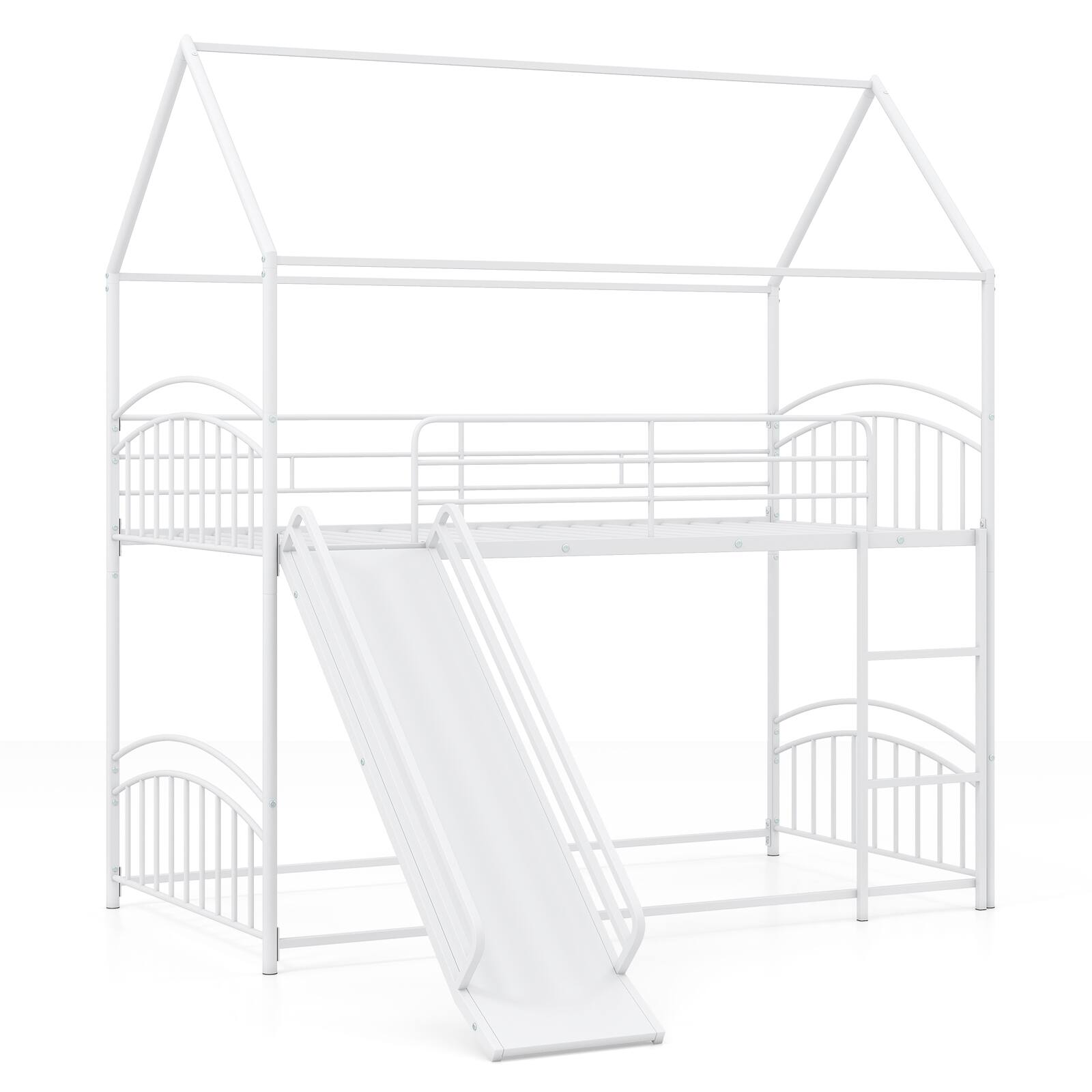 Alt View 9. Gymax - Gymax House Bunk Bed Frame w/ Metal Slats Reversible Ladder & Slide for Bedroom White - White.