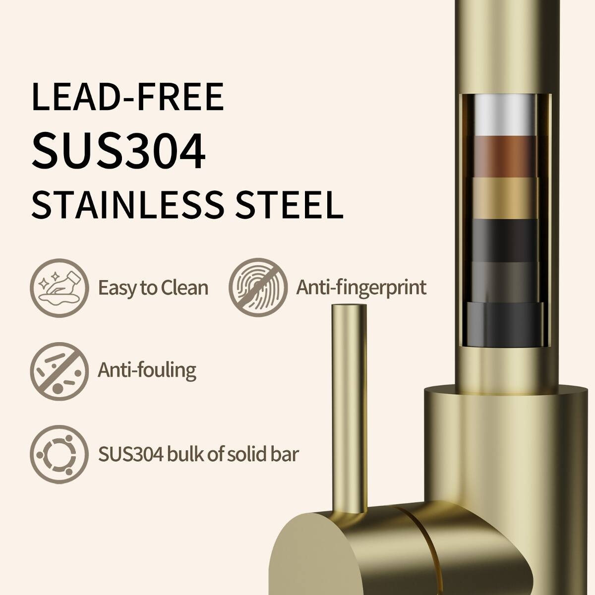 LEAD-FREE SUS304 STAINLESS STEEL

- Easy to Clean
- Anti-fingerprint
- Anti-fouling
- SUS304 bulk of solid bar