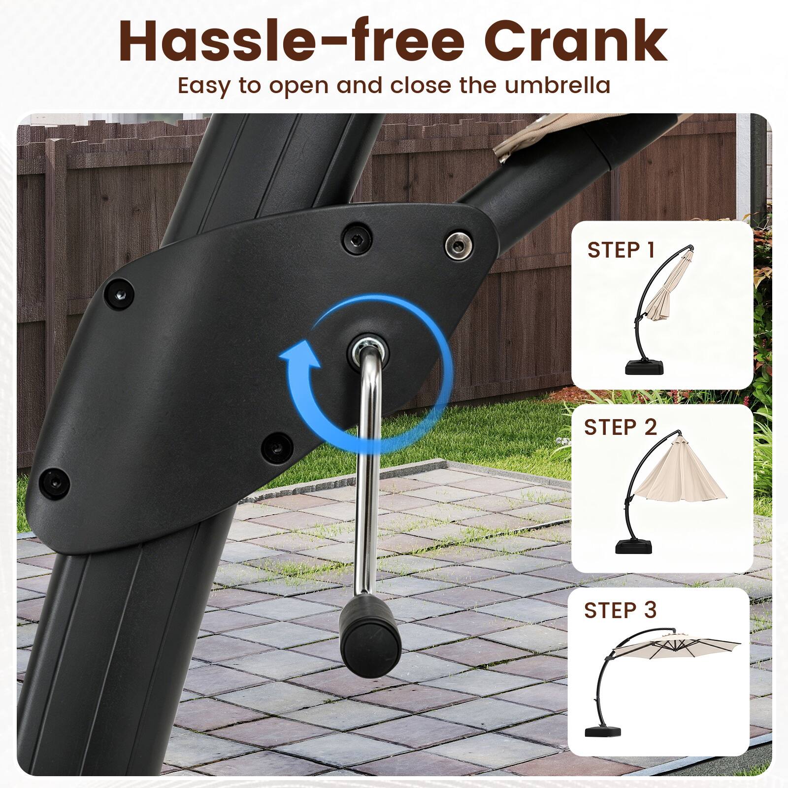 Hassle-free Crank  
Easy to open and close the umbrella  

STEP 1  
STEP 2  
STEP 3
