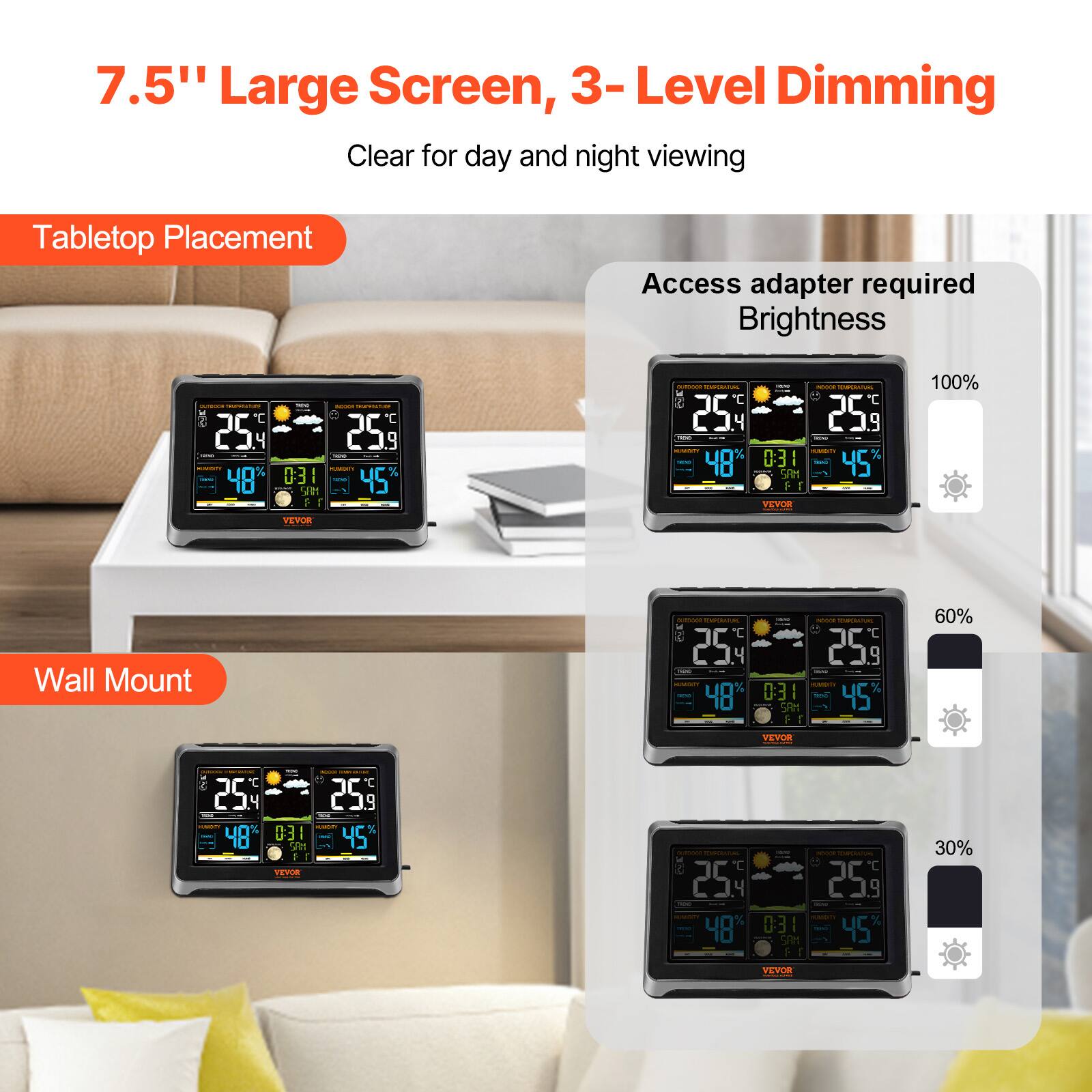 7.5" Large Screen, 3-Level Dimming  
Clear for day and night viewing  
Tabletop Placement  
Access adapter required  
Brightness  

VEVOR Wall Mount