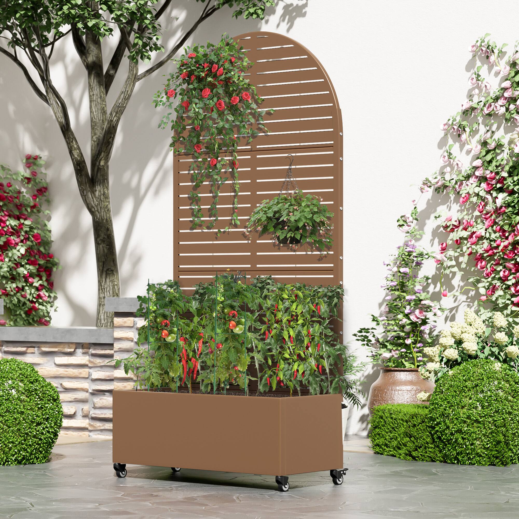 Alt View 1. PexFix - 72 in. H x 35 in. W Louvered Pattern Arch Metal Planter Box Raised Garden Beds with Trellis-Ideal for Balcony - Brown.