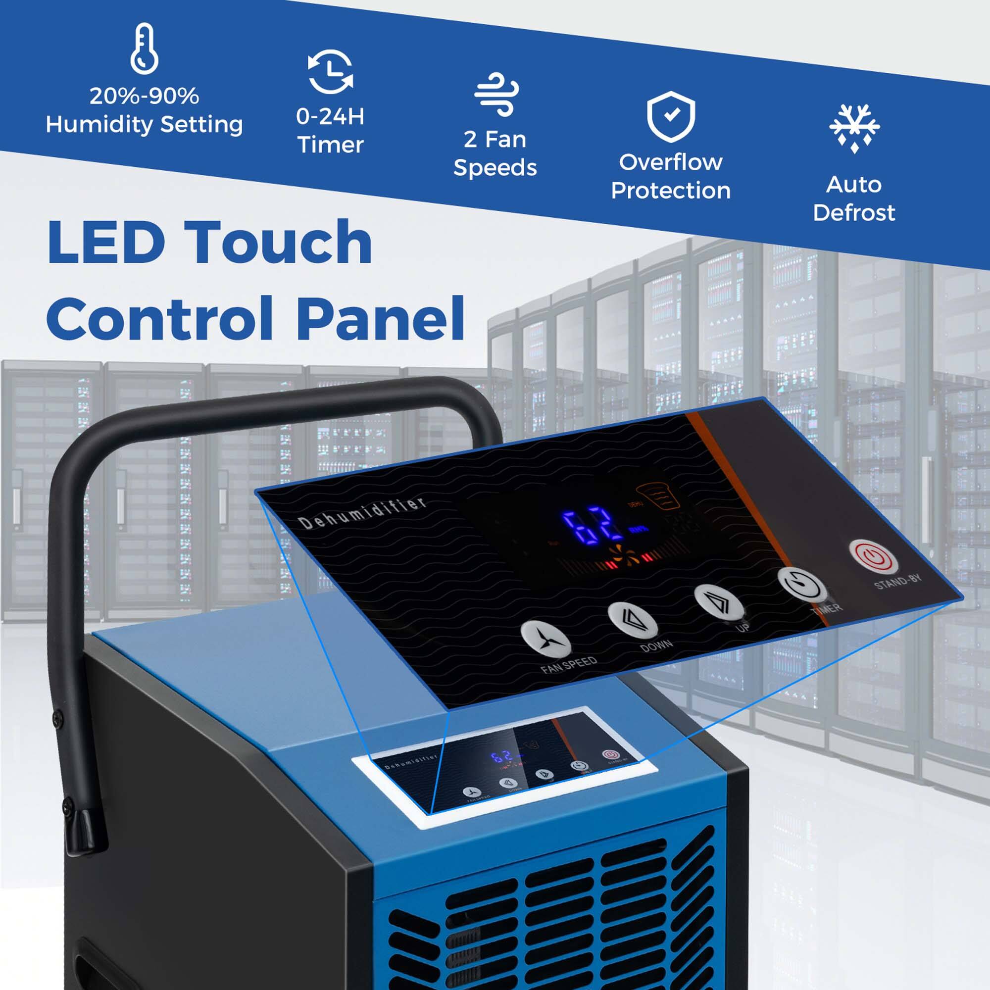 The text on the image is grouped and corrected as follows:

Features:

* 20%-90% Humidity Setting
* 0-24H Timer
* 2 Fan Speeds
* Overflow Protection
* LED Touch Control Panel
* Auto Defrost
* Stand-By Mode
* Auto Defrost

This dehumidifier has a range of features that make it a versatile and efficient appliance for controlling humidity levels in various settings. The LED touch control panel offers easy operation, while the 2 fan speeds and overflow protection ensure optimal performance and safety. The 0-24H timer allows for customized humidity control, and the auto defrost function ensures that the appliance operates efficiently in cold environments. The stand-by mode conserves energy when the dehumidifier is not in use.
