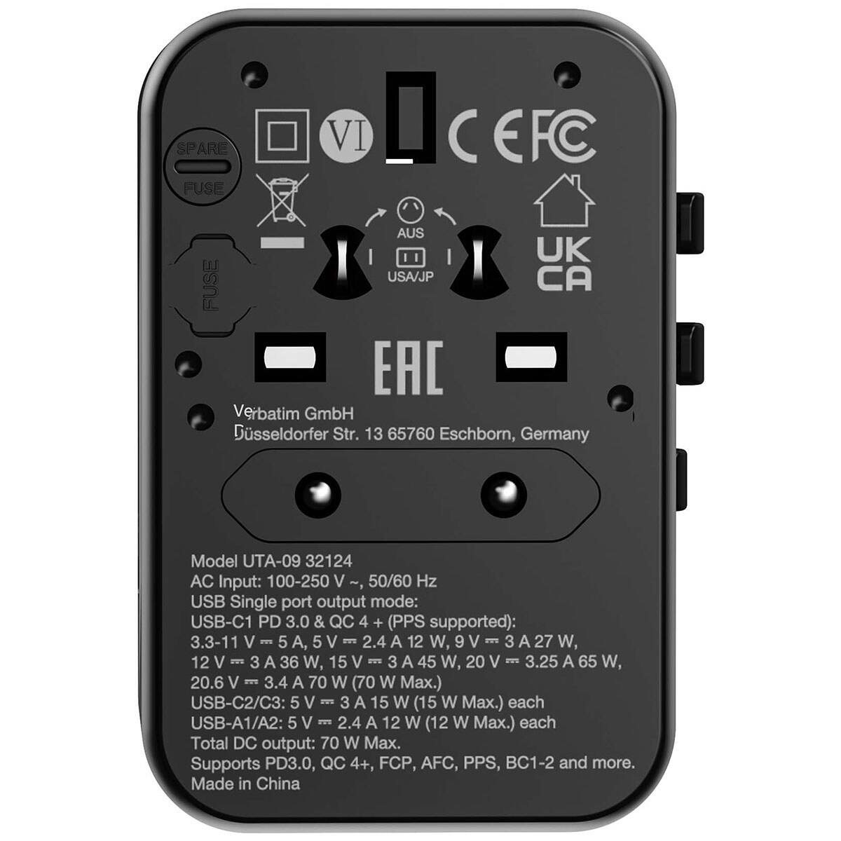 SPARE VI CEFC FUSE AUS UK USA/JP CA FUSE EAC  
Verbatim GmbH  
Düsseldorf Str. 13 65760 Eschborn, Germany  

Model UTA-09 32124  
AC Input: 100-250 V ~, 50/60 Hz  

USB Single port output mode: USB-C1 PD 3.0 & QC 4+ (PPS supported):  
3.3-11 V = 5 A (27 W), 5 V = 2.4 A (12 W), 9 V = 3 A (27 W), 12 V = 3 A (36 W), 15 V = 3 A (45 W), 20 V = 3.25 A (65 W), 20.6 V = 3.4 A (70 W) (70 W Max.)  

USB-C2/C3: 5 V = 3 A (15 W) (15 W Max.) each  

USB-A1/A2: 5 V = 2.4 A (12 W)
