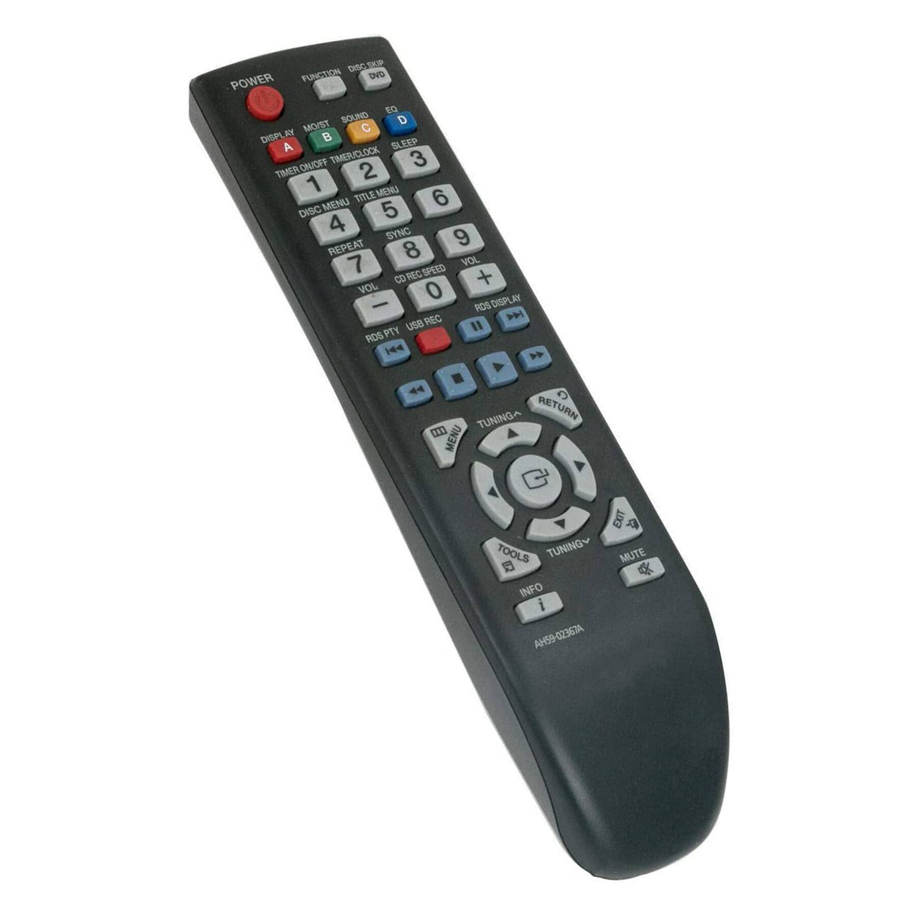 DISC DP POWER FUNATION DVD EQ SOUND D 1OR MO/ST C DISPI SEP A 5 ONOFF TIMER/CLOCK 3 TIMER 2 1 MENU TITLE 6 DISC MENU 5 4 SYNC REPEAT 9 8 VOL 7 REC SPEED CO + VOL 0 DISP HA - ROS REC > PTY USB " ROS TUNINGA RETURN MENU EXIT TOOLS TUNING MUTE INFO i AH59-02367A