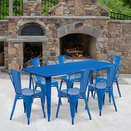 Emma + Oliver - Commercial Grade Rectangular Metal Indoor-Outdoor Table Set with 6 Stack Chairs - Blue