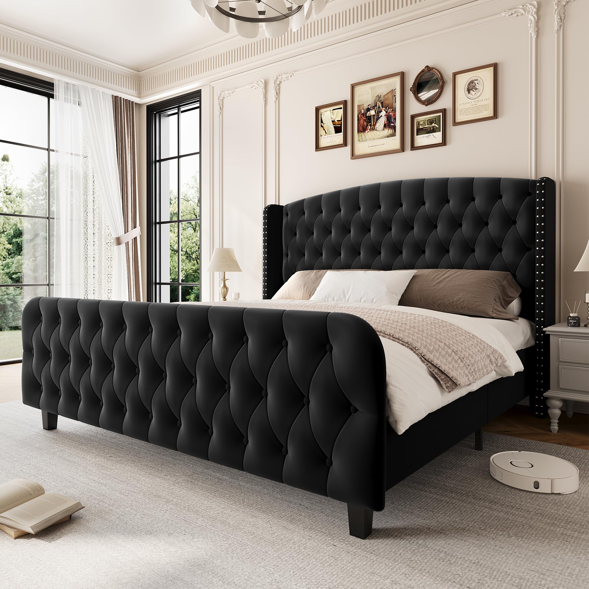 Angle. GARVEE - Bed Frame with Deep Button Tufted Wingback Headboard and Footboard, Velvet Upholstered Platform Bed Frame - Black.