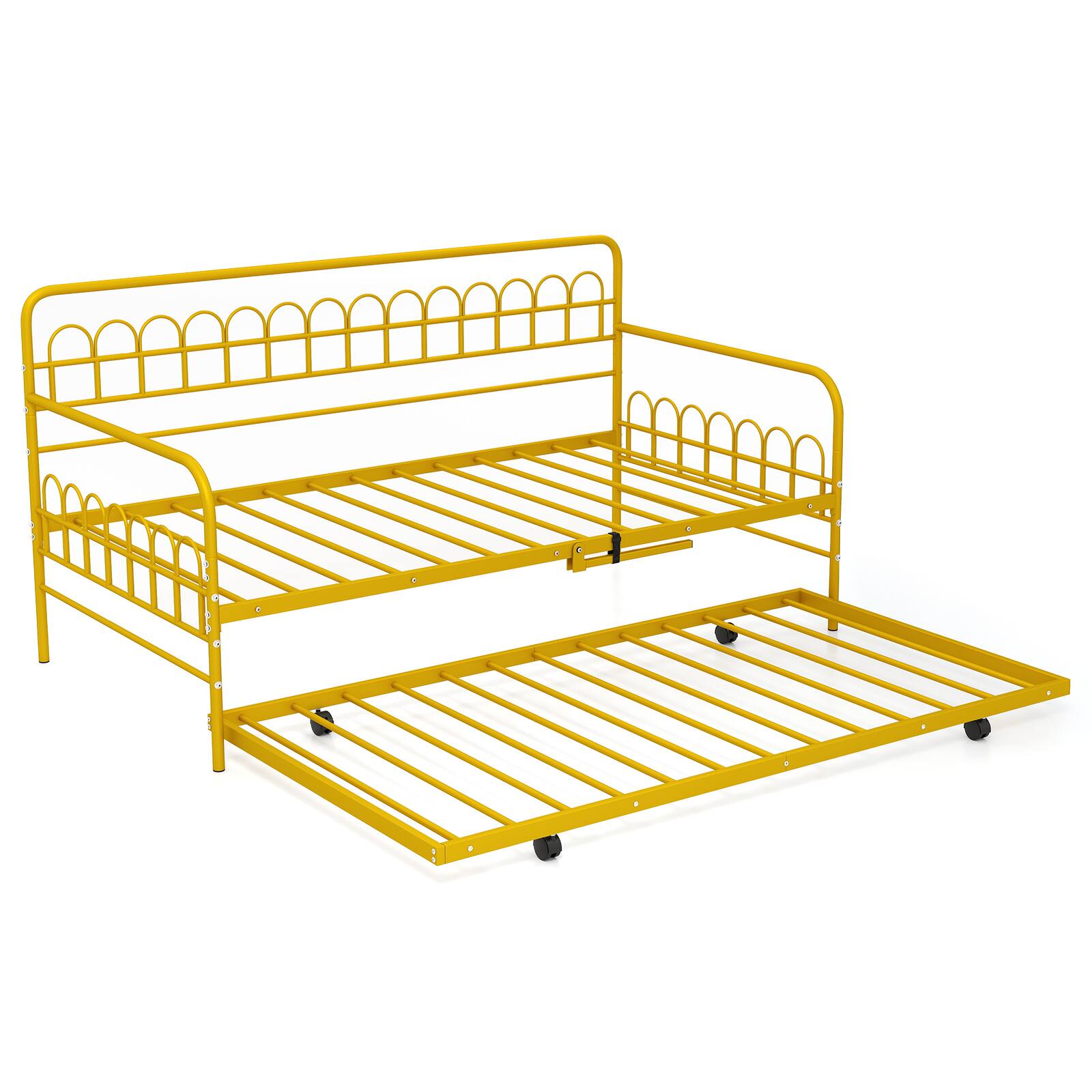 Alt View 9. Costway - Costway Twin Size Metal Daybed with Trundle Space-Saving Sofa Bed Lockable Wheels Gold - Gold.
