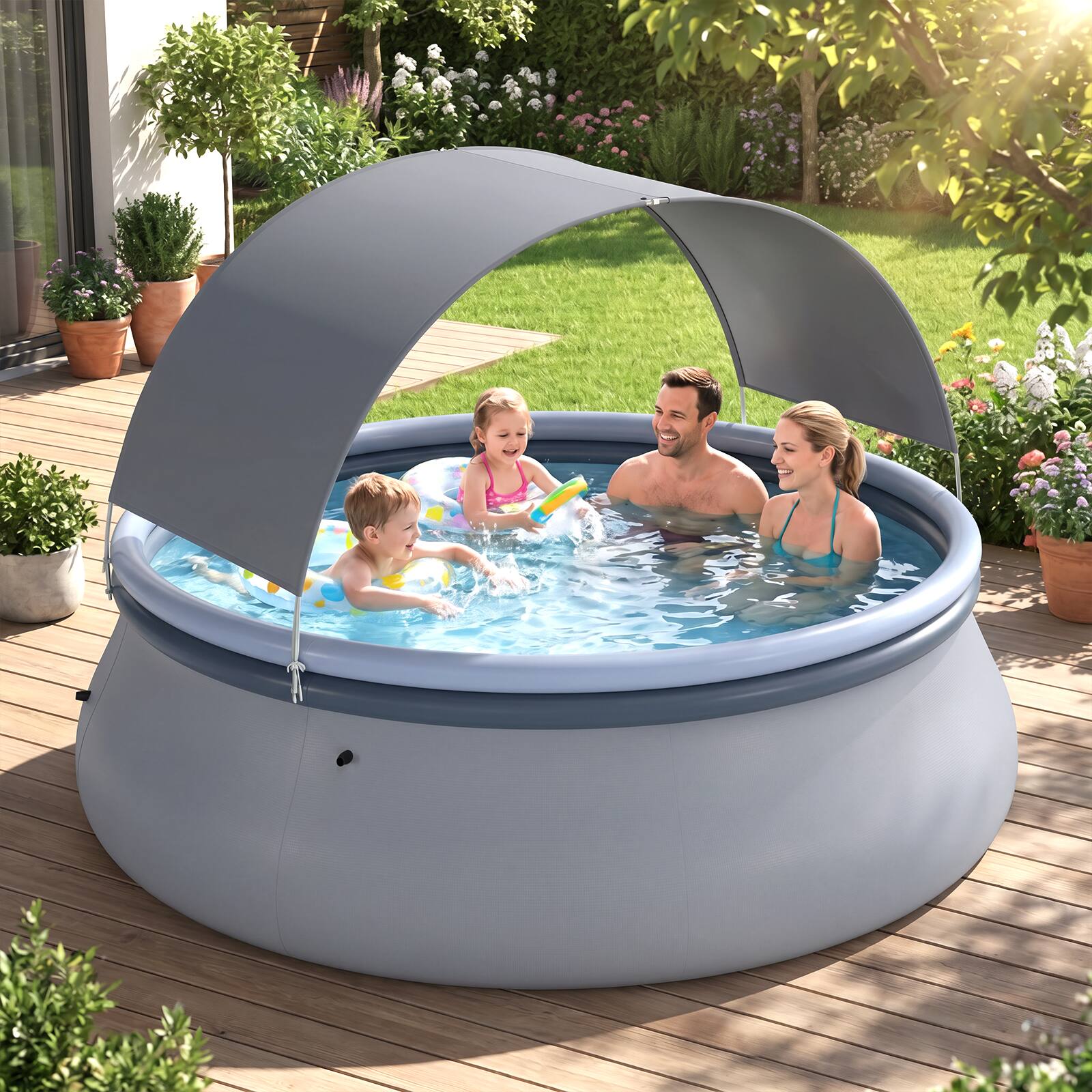 Alt View 3. Costway - Costway Outdoor Large Inflatable Pool, Round Blow Up Pool with Sunshade Canopy for Adults - Blue + Gray.