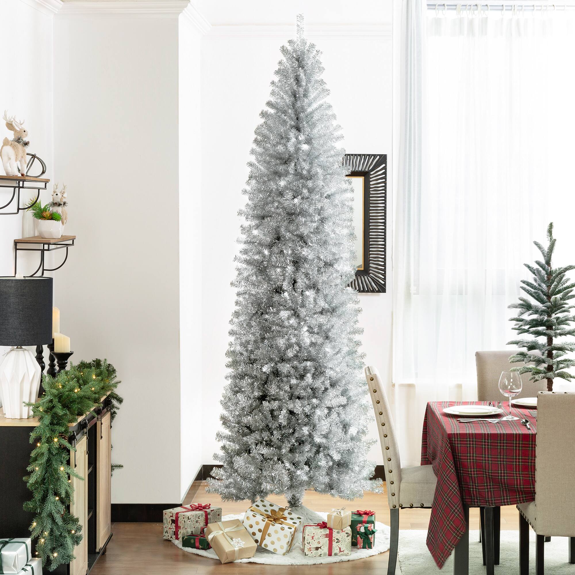 Alt View 6. Glitzhome - 9ft Pencil Tinsel Artificial Christmas Tree - White.