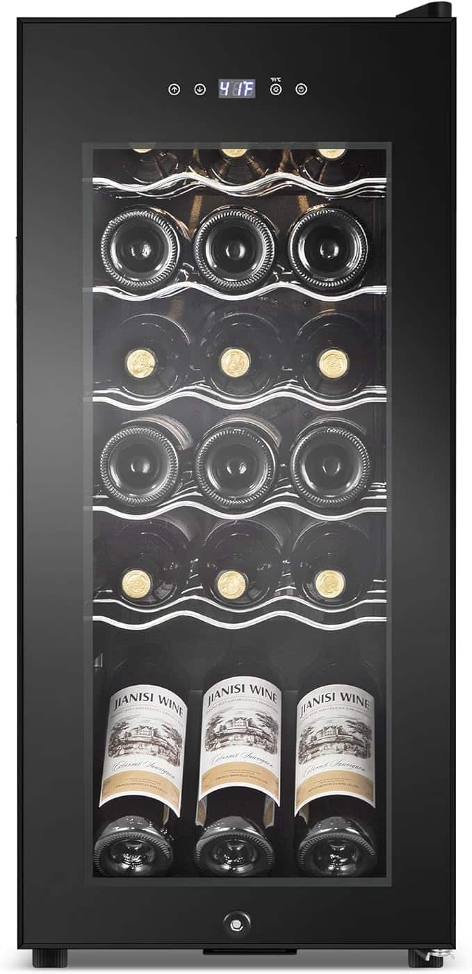 HOOURE - 18 Bottles Small Wine Cooler Fridge Countertop with Glass Door for Red Wine, Champagne, Dry White Wine, Sparkling Wines - Black