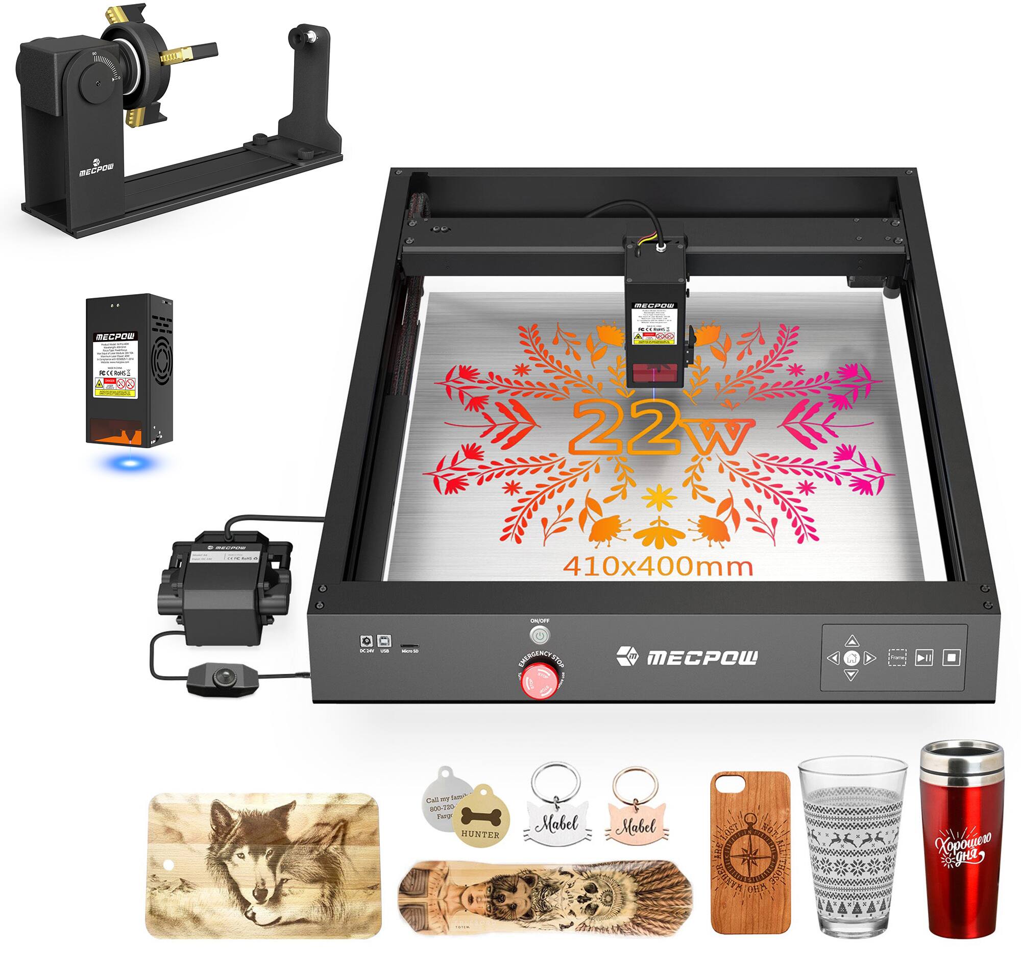 Mecpow - X4 Laser Engraver & G5 Rotary Roller Module & B40W Module, High-Speed Cutting & Precision Engraving for Wood Metal etc.
