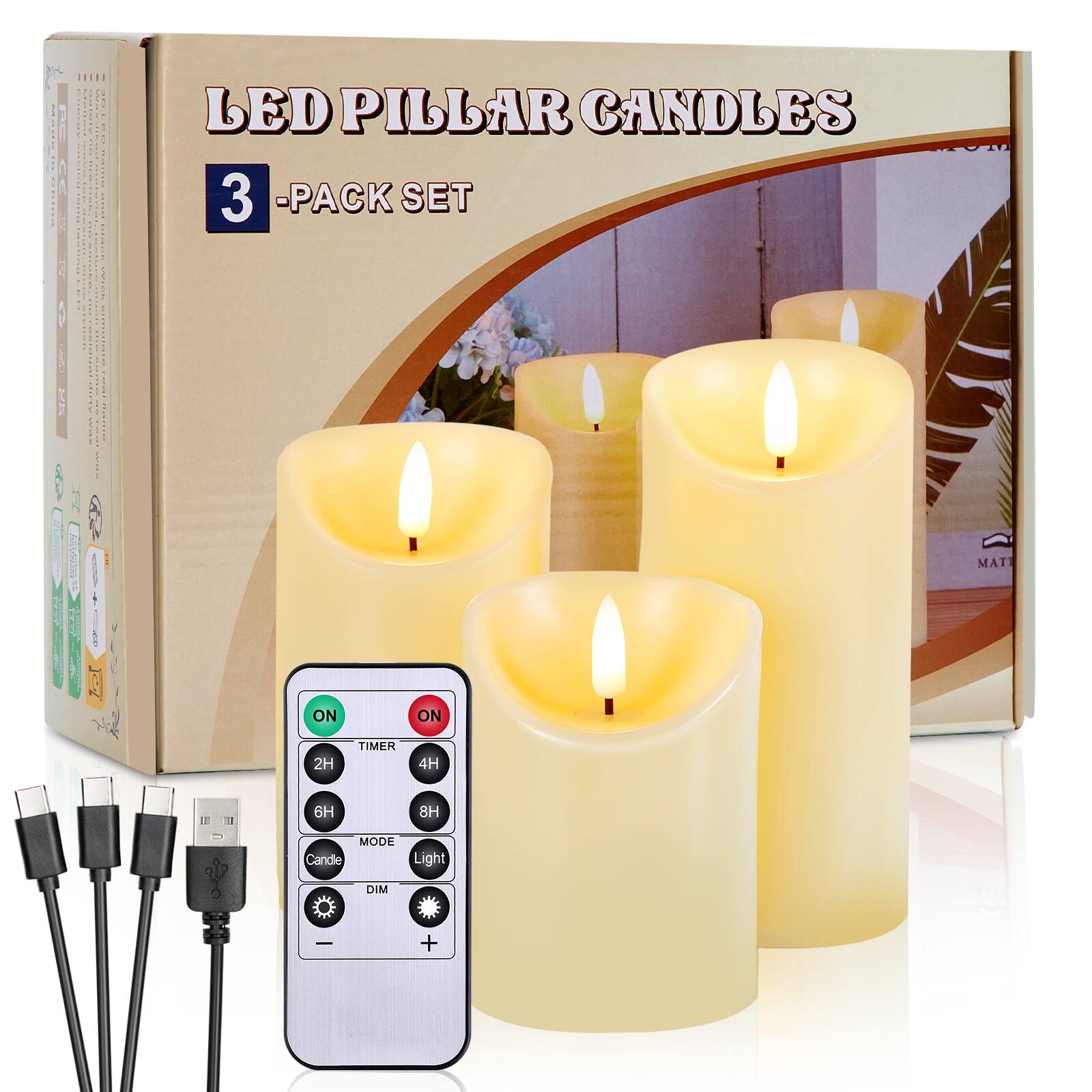 LED Pillar Candles 3-Pack Set

- ON
- ON
- 2H TIMER
- 4H
- 6H
- 8H
- MODE Candle Light
- DIM