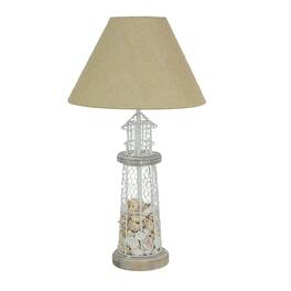 Zeckos - and Grey Metal Real Seashell Lighthouse Table Lamp with Burlap Shade - White