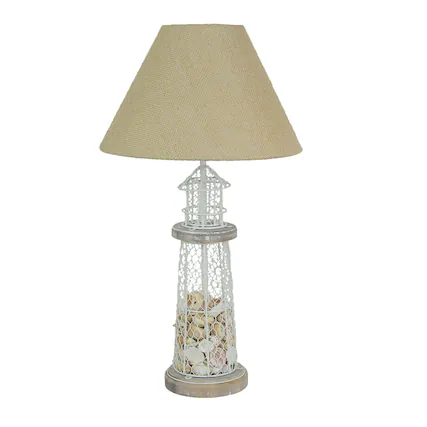 Front. Zeckos - White and Grey Metal Real Seashell Lighthouse Table Lamp with Burlap Shade - White.