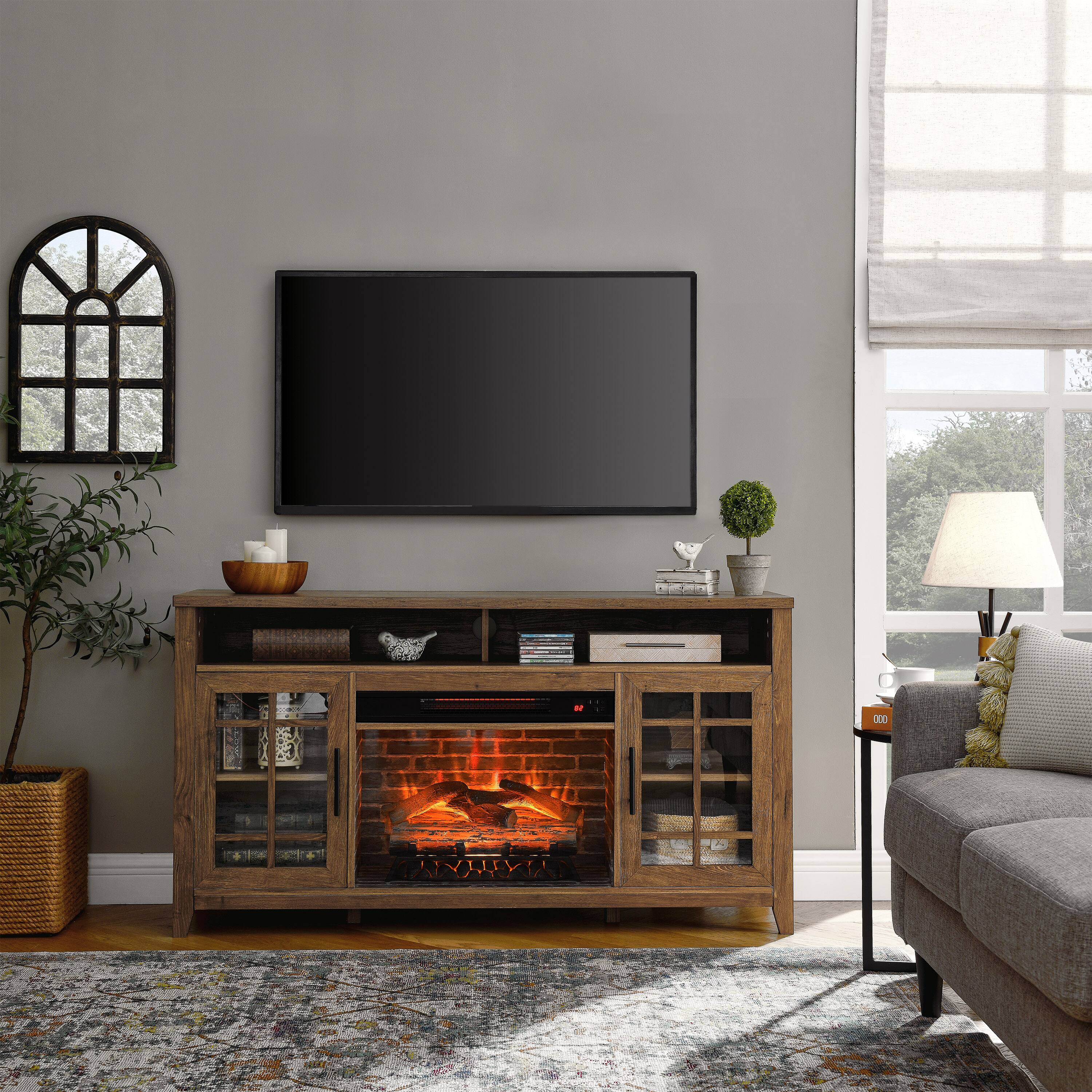 Angle. GOODSILO - 55 Inch TV Stand with Electric Fireplace Insert & Storage Cabinets - Reclaimed Barnwood.