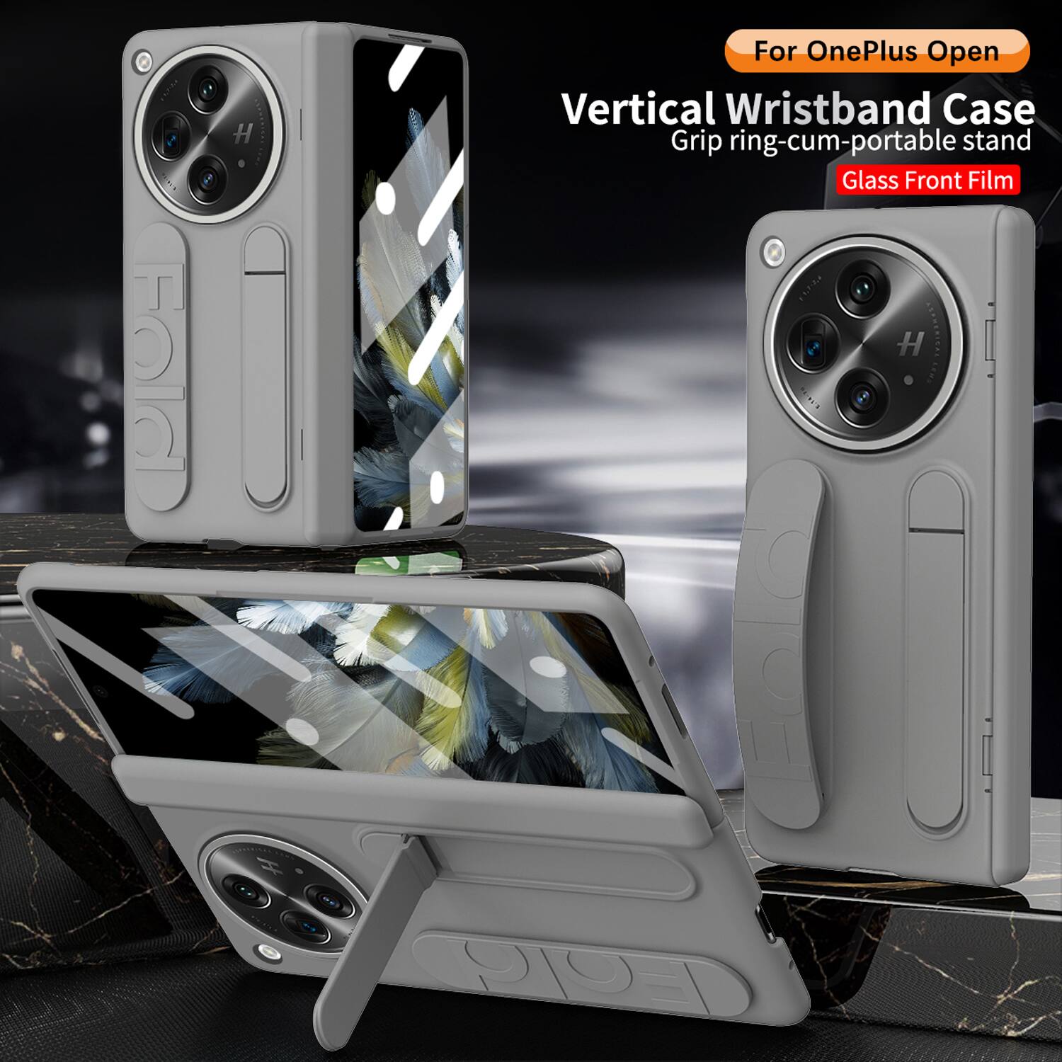 For OnePlus Open  
Vertical Wristband Case  
Grip ring-cum-portable stand  
Glass Front Film