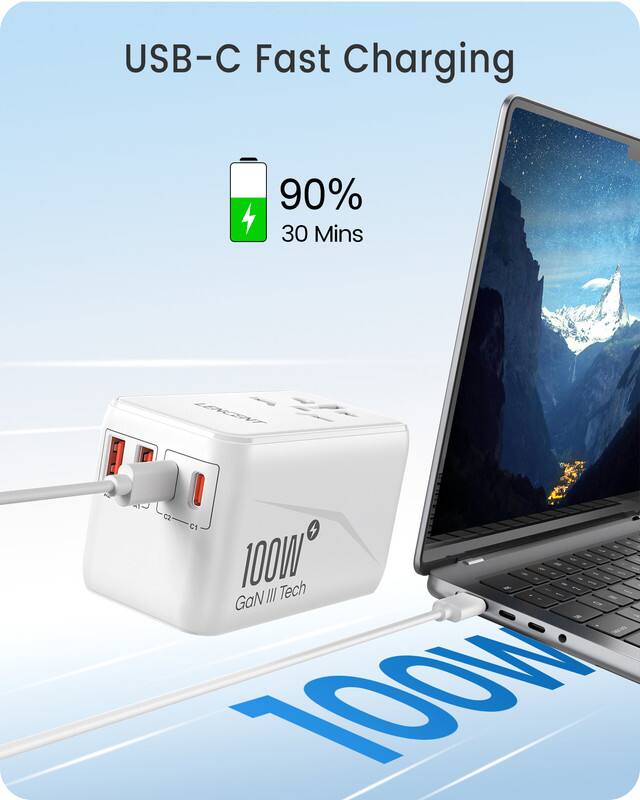 USB-C Fast Charging  
90% in 30 Mins  
100W  
GaN III Tech