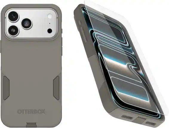 Front. OtterBox - OtterBox iPhone 17 Pro Max, Bundle: Commuter Series MagSafe Case & Screen Protector, Built-in magnets, Thin & Protective - Grey Comfort (Beige).