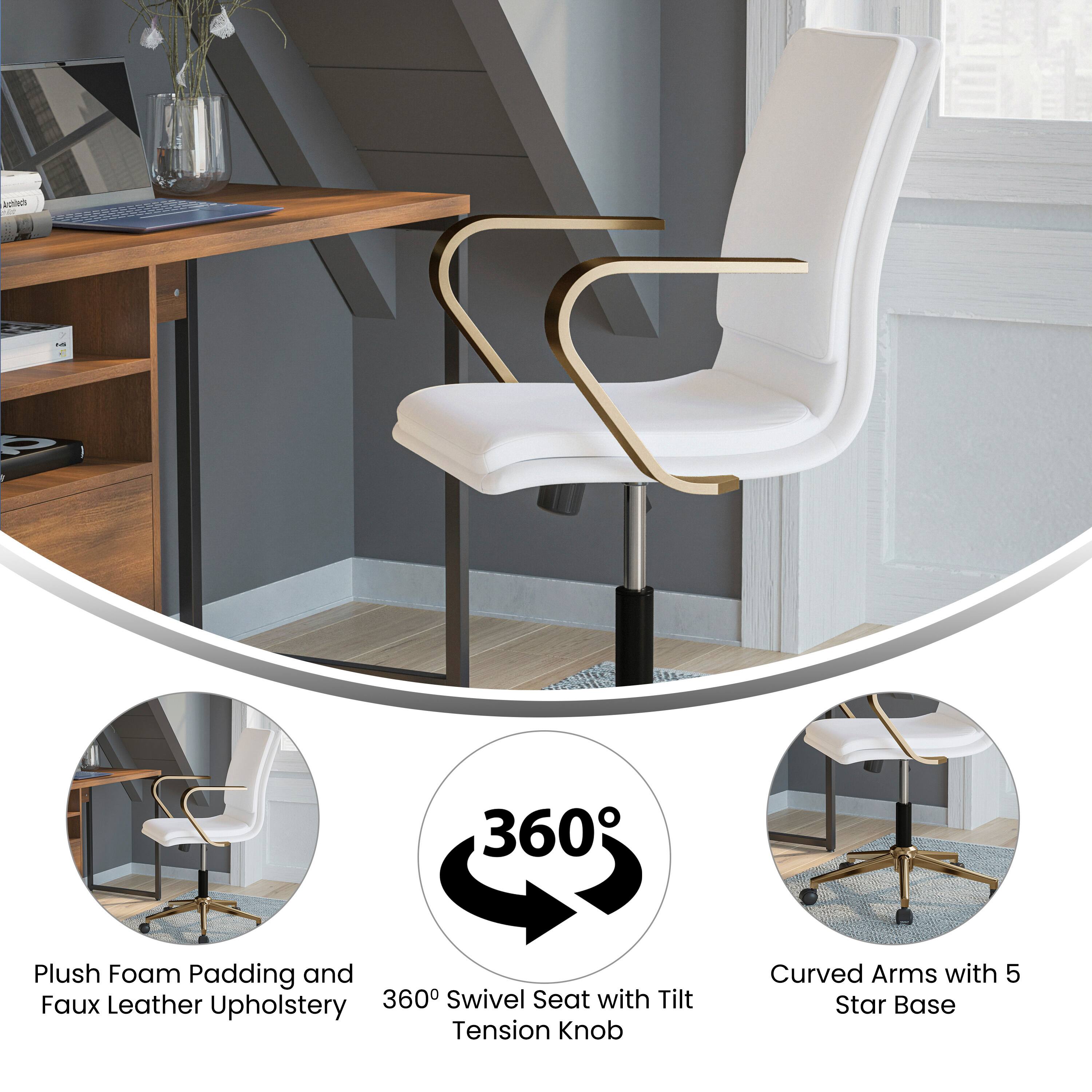 - Plush Foam Padding and Faux Leather Upholstery
- 360° Swivel Seat with Tilt Tension Knob
- Curved Arms with 5 Star Base