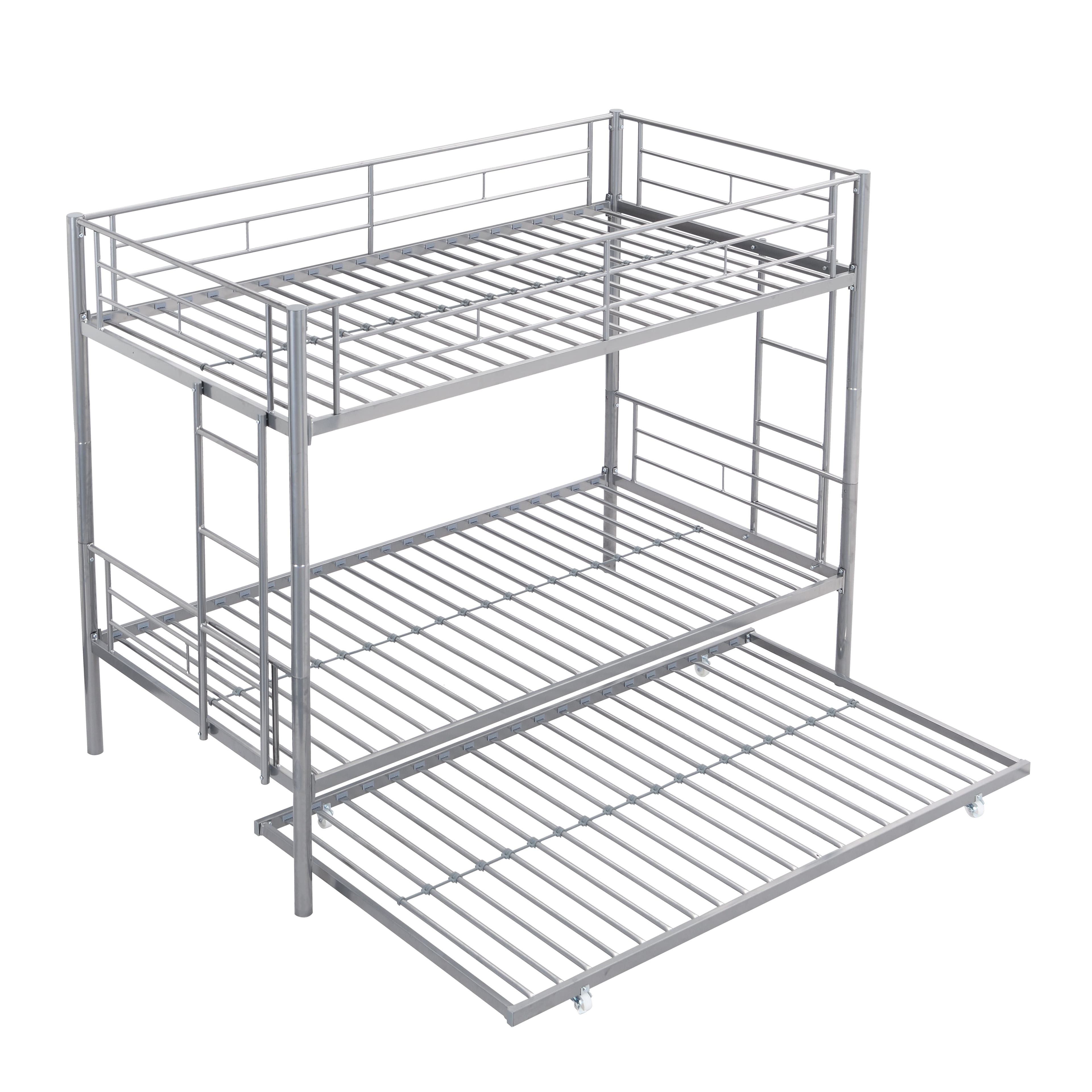 Boyel Living - Metal Bunk Bed with Trundle Twin Over Twin Strong Steel Frame Easy Assembly No Box Spring Needed - Silver