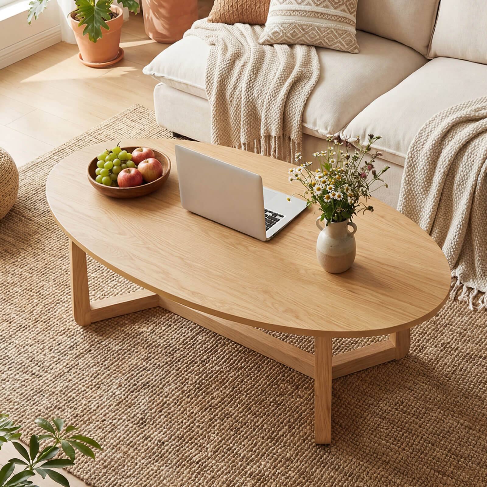 Alt View 4. Costway - Costway 46" Oval Coffee Table with Thickened Top & Solid Rubber Wood Frame for Living Room - Natural.