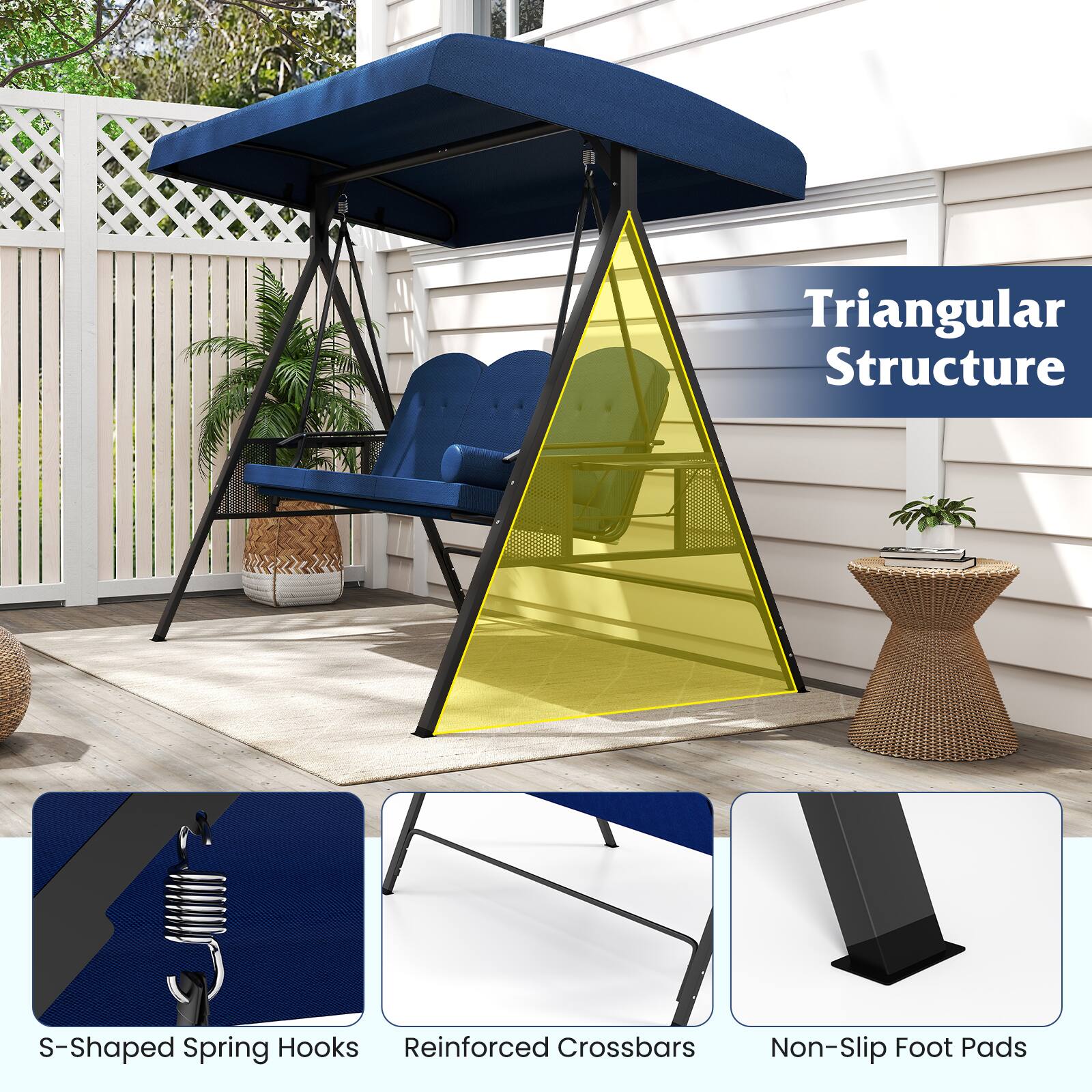 Alt View 5. Gymax - Gymax 3-Seat Patio Swing Chair w/ Adjustable Canopy Thickened Cushions Pillow Outdooor Navy - Blue.