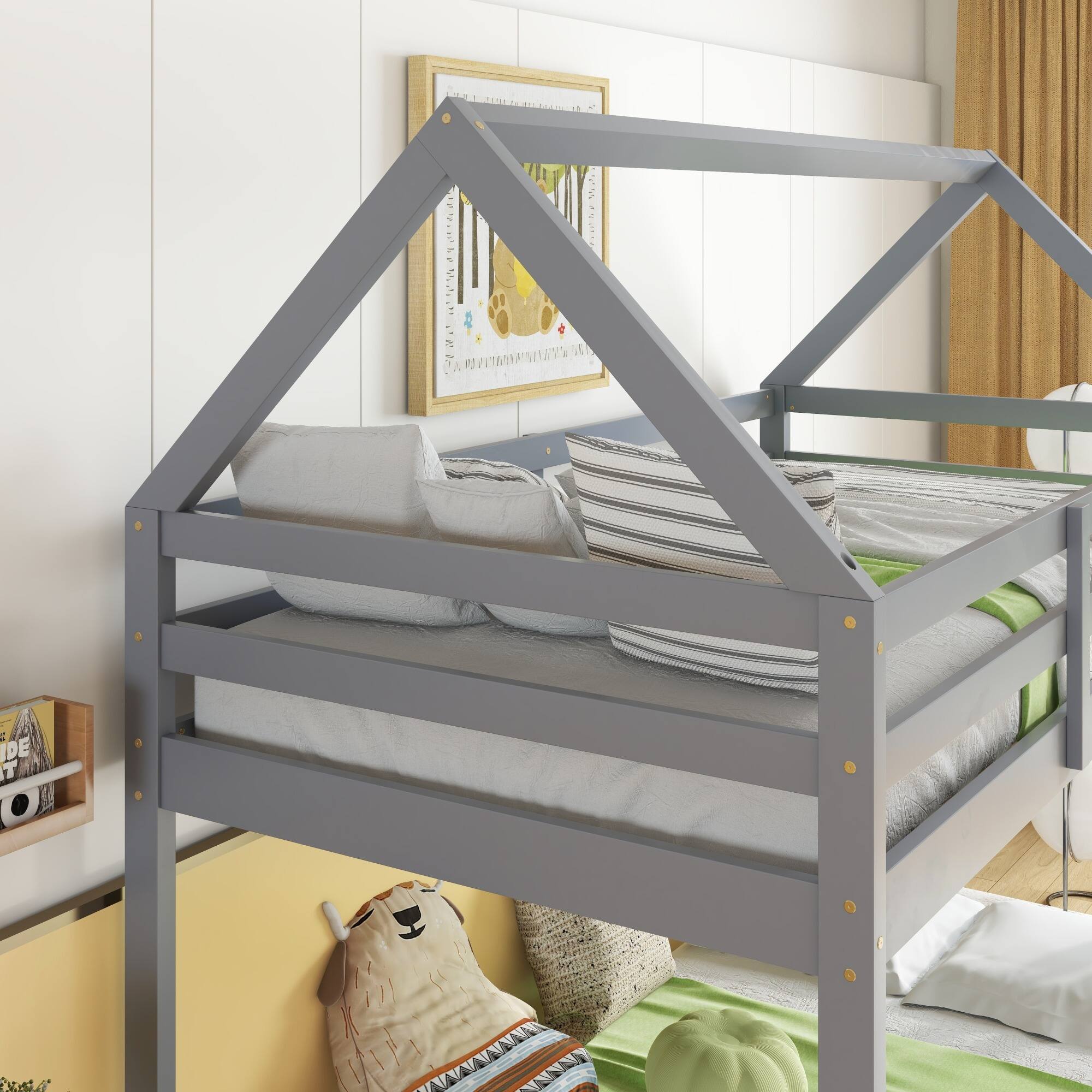 Alt View 8. GOODSILO - House-Shaped Twin Over Twin Rubber Wood Bunk Bed with Ladder and Guardrails for Kids - Grey.