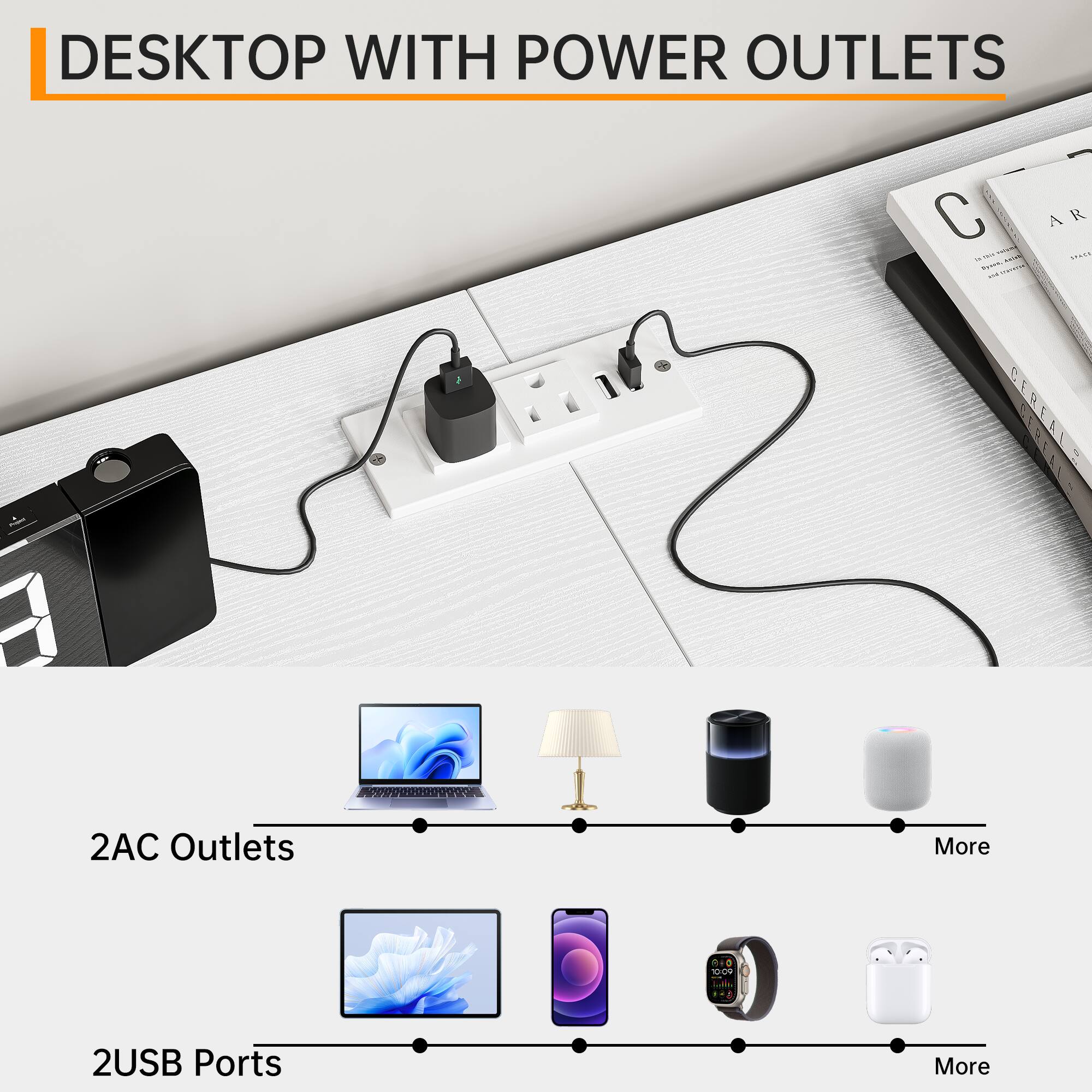 DESKTOP WITH POWER OUTLETS

2AC Outlets
2USB Ports
More