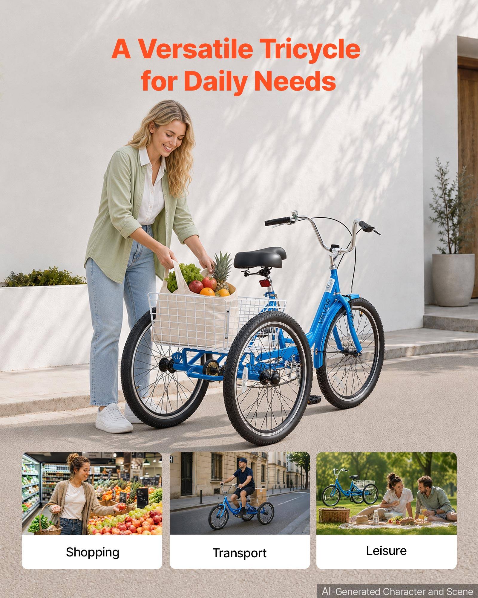 A Versatile Tricycle for Daily Needs

VEVOR

Shopping

Transport

Leisure

AI-Generated Character and Scene
