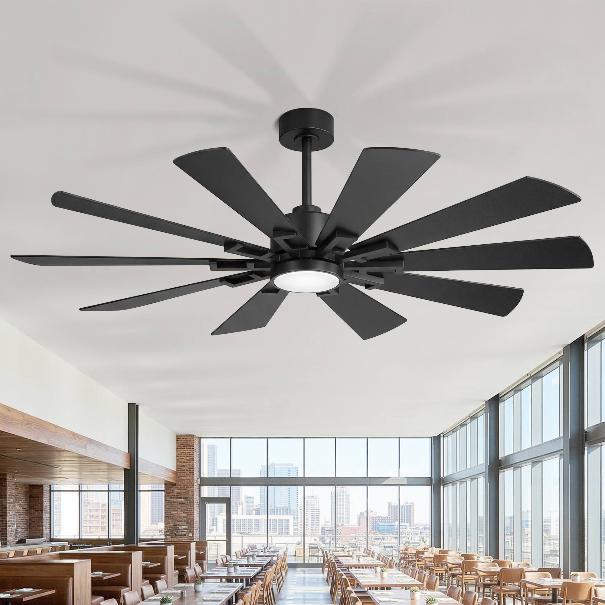 Angle. Breezary - 72-Inch Extra-Large Ceiling Fan with 10 Plywood Blades, DC Motor, 6-Speed Remote, Tri-Color LED Light, Dual Downrods - Matte Black.