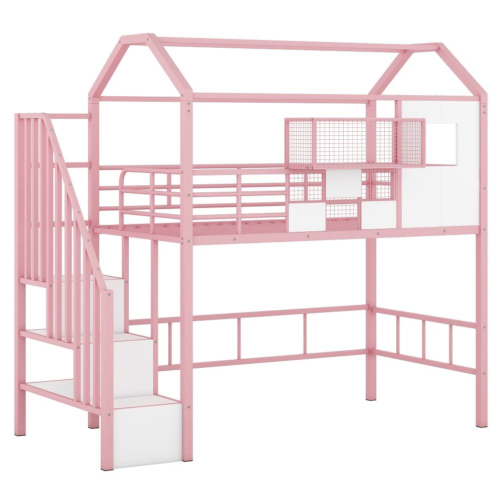 Alt View 8. Loheer - Loheer Metal Loft Bed Twin Size Pink House Bed with Storage - Pink.