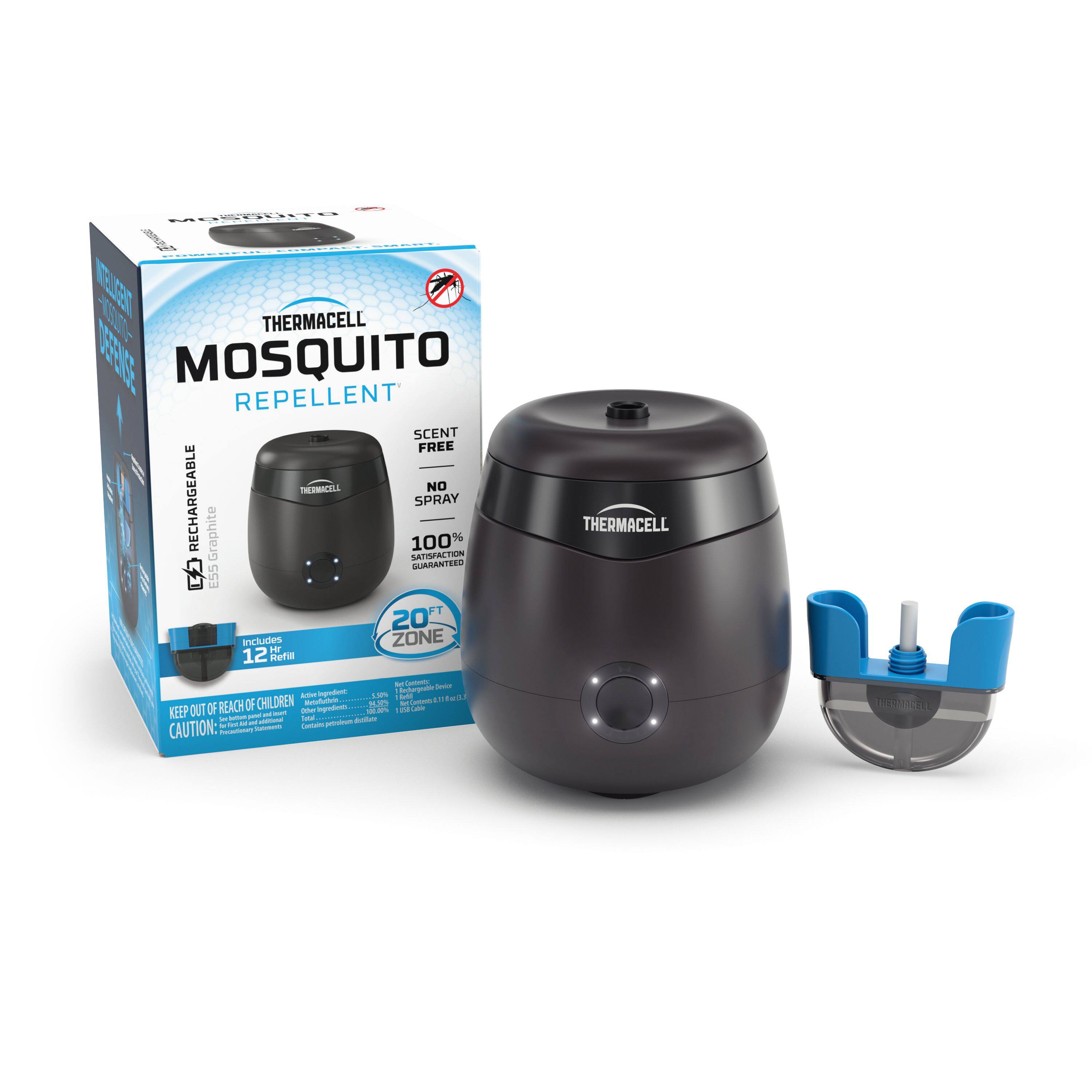 The image features a Thermacell Mosquito Repellent device, which is designed to keep mosquitoes away. The device is black and sits on a table next to its box. The box contains a Thermacell Mosquito Repellent and a Thermacell Mosquito Repellent Recharger. The product is guaranteed to be effective in repelling mosquitoes and is suitable for use in various outdoor settings. The box also includes a Zone-Hr 12 Refill, which can be used to refill the device when needed. The product is designed to be safe and easy to use, making it a convenient solution for those looking to protect themselves from mosquito bites.