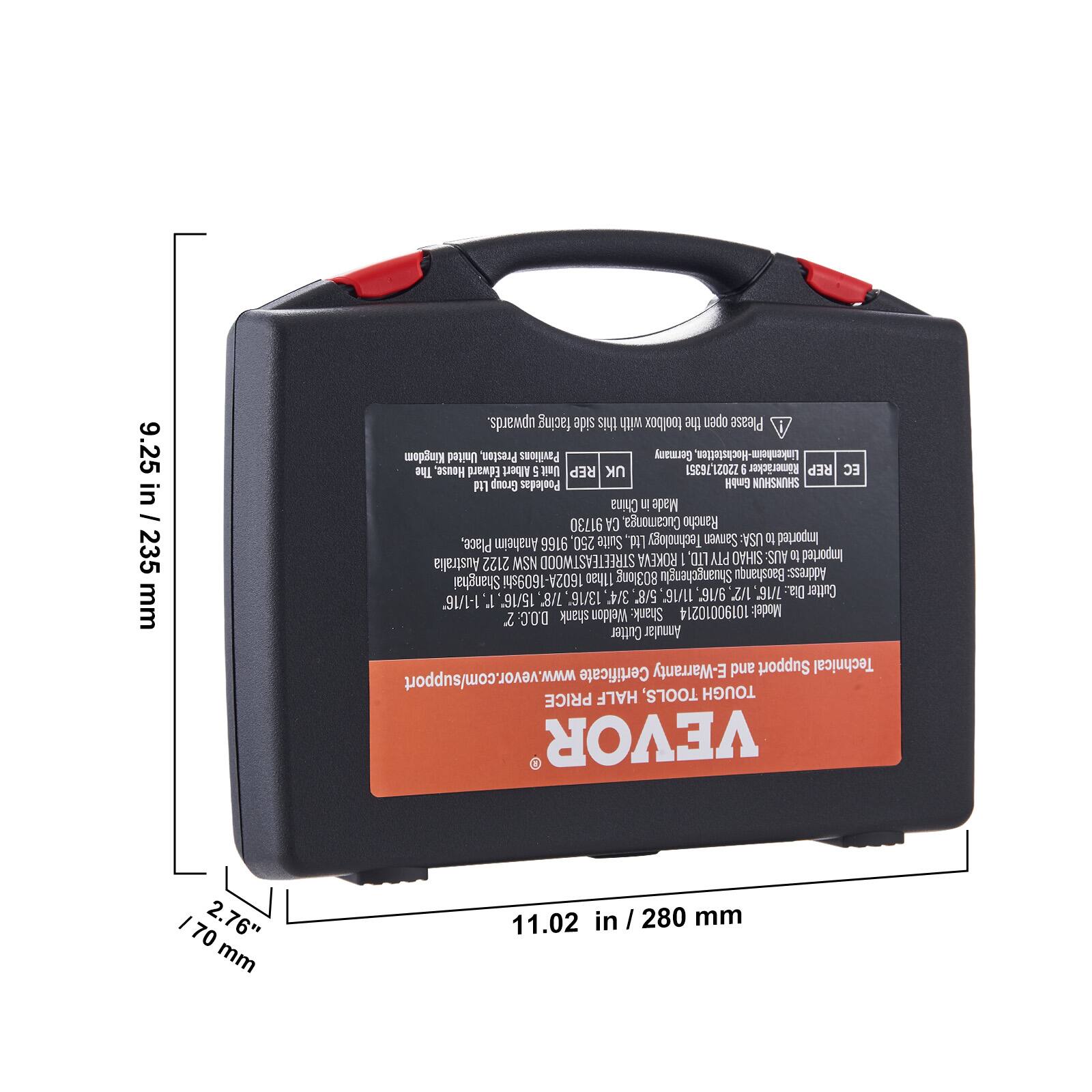 Sure, here is the corrected and grouped text from the image:

---

**Dimensions:**
- 9.25 in / 235 mm (height)
- 2.76 in / 70 mm (width)
- 11.02 in / 280 mm (length)

**Product Information:**
- **Model:** 10190010214
- **Brand:** VEVOR
- **Product:** Tool Holder for CNC Router
- **Material:** Aluminum Alloy
- **Made in China**
- **Address:** Shanghai 1602A-1609shi 13/16' 3/4 5/8 11/16 9L/6 1/2 9L/L Dia Cutter 1-1/16 J 15/16 8IL shank Weldon Shank
- **Certificate:** E-Warranty and Support Technical www.vevor.com/support
- **Price:** HALF TOOLS, TOUGH

**Additional Details:**
- **Packed by:** VEVOR
- **Address:** Shanghai 1602A-1609shi 