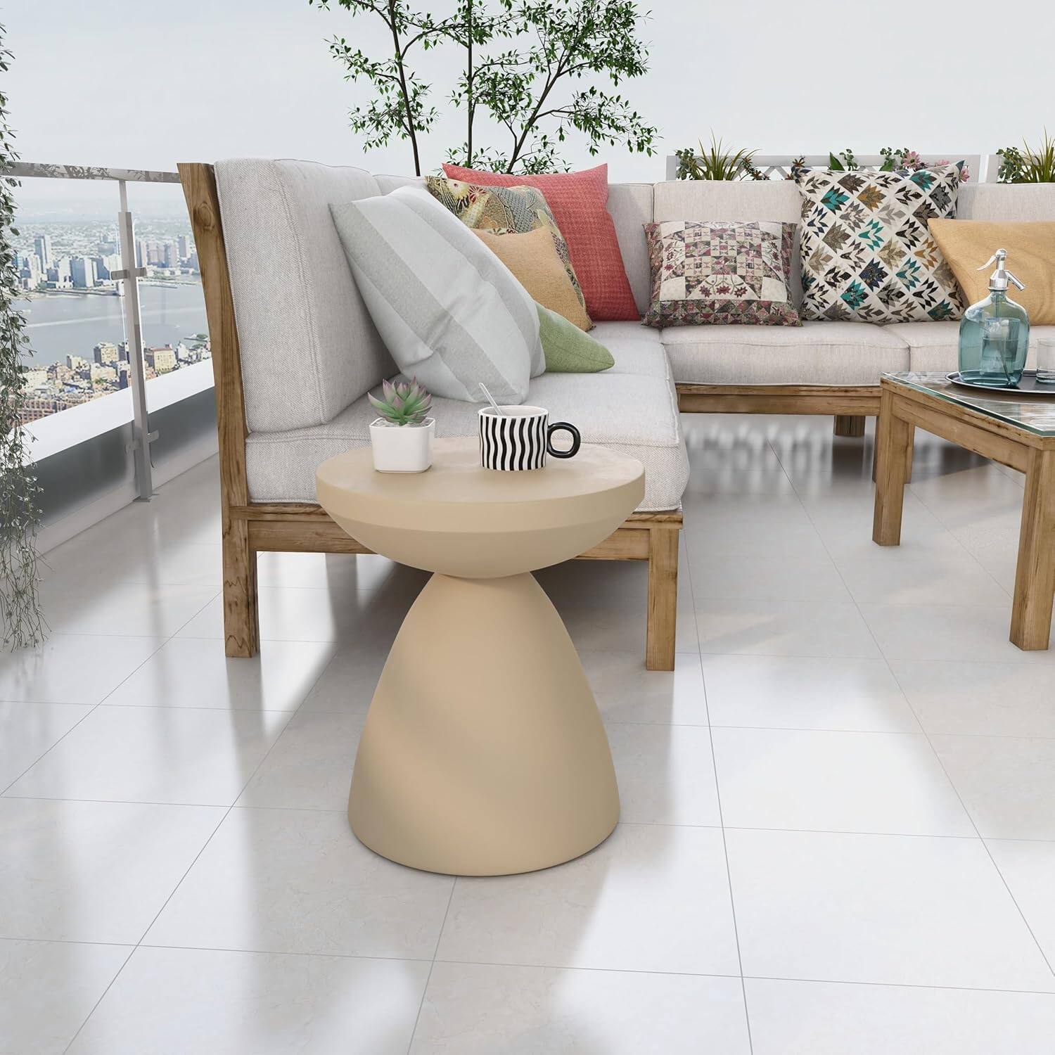 Back. LeisureMod - Dune 17" Round Fiberstone Side Table - Modern Indoor/Outdoor Weather Resistant Accent Table, No Assembly - Beige.