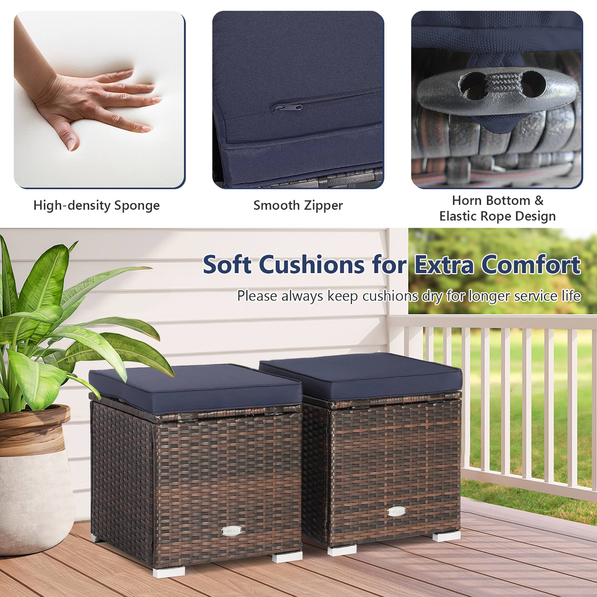 High-density Sponge, Smooth Zipper, Horn Bottom & Elastic Rope Design Soft Cushions for Extra Comfort. Please always keep cushions dry for longer service life.