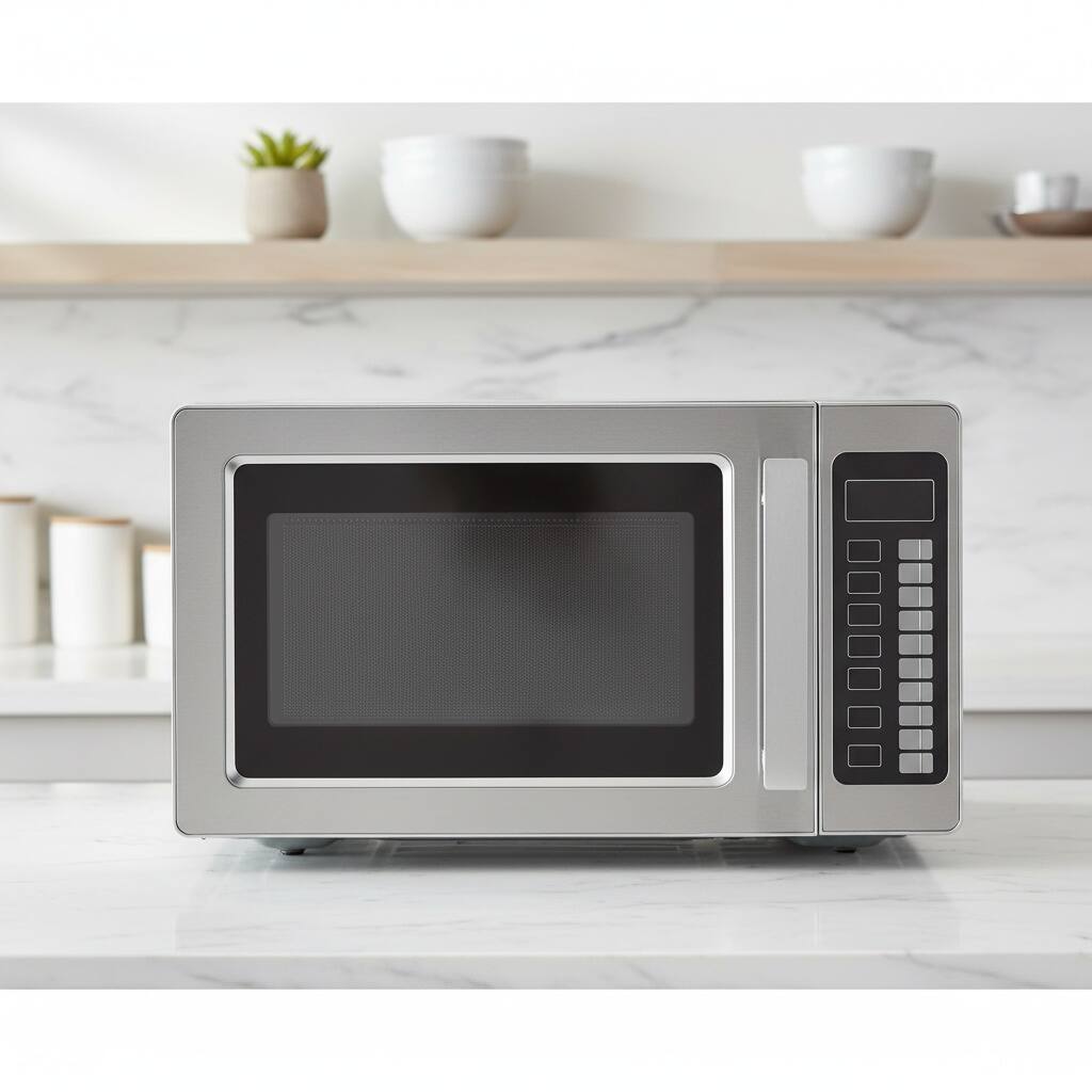 Left. Forest'nSky - 1000W Commercial Countertop Microwave, 0.9 Cu Ft Stainless Steel, Touchscreen with 10 Presets, Child Safety Lock - Silver.