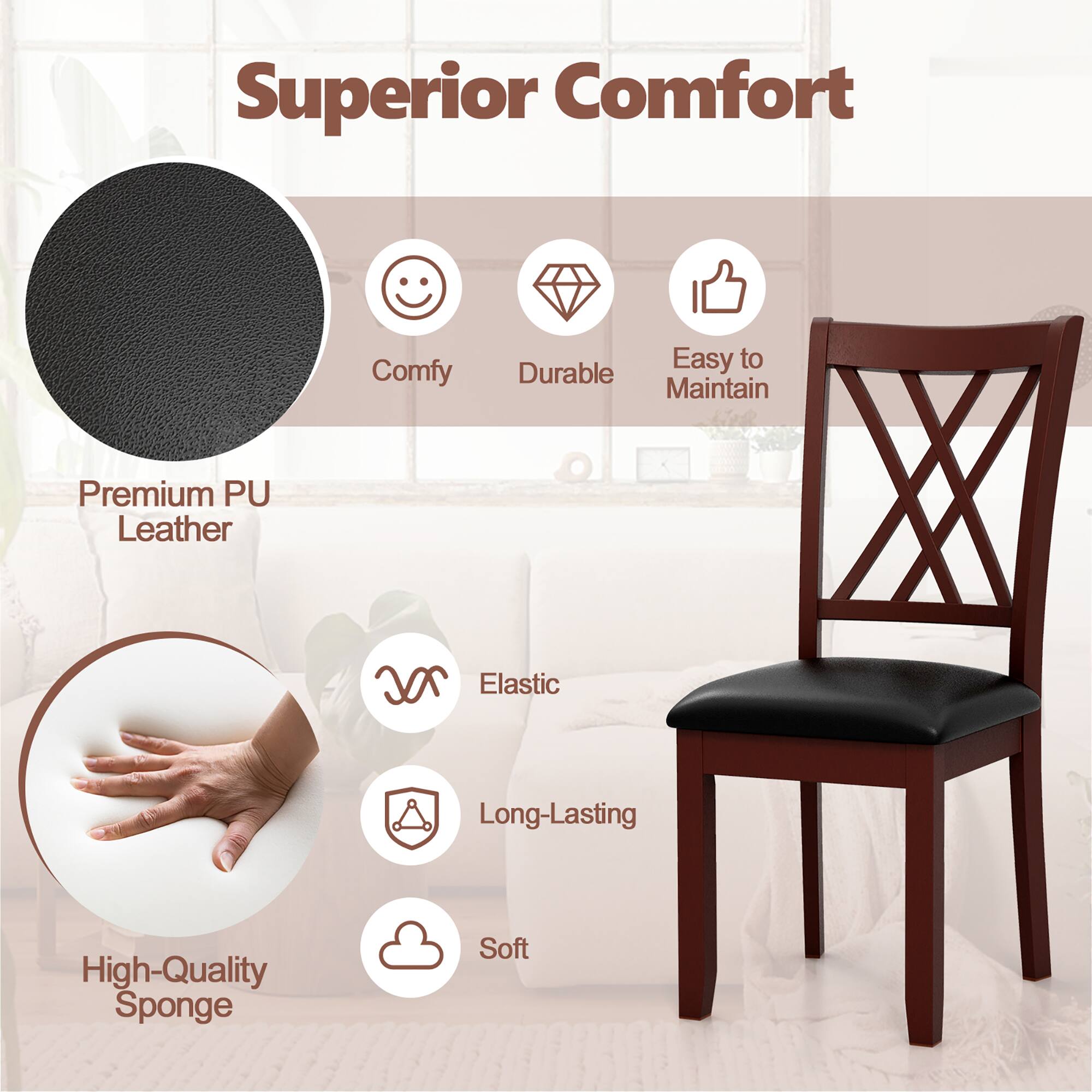 Superior Comfort

- Comfy
- Durable
- Easy to Maintain
- Premium PU Leather
- Elastic
- Long-Lasting
- Soft
- High-Quality Sponge