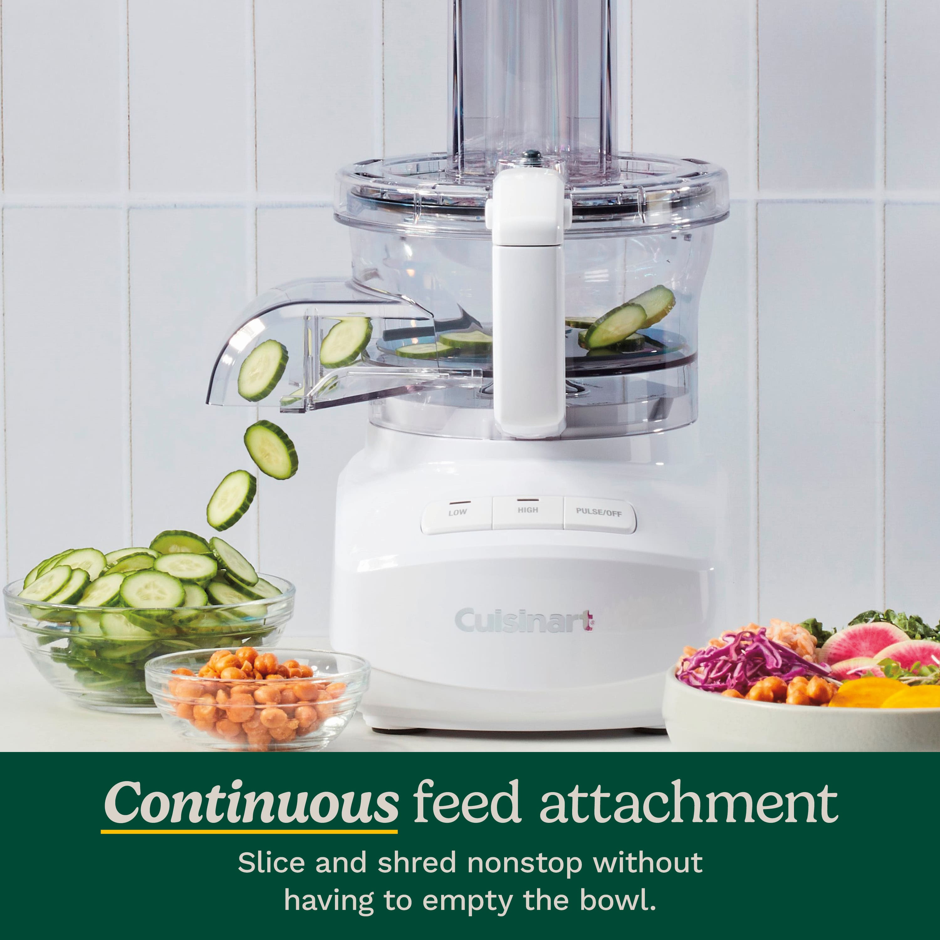 Continuous feed attachment for Cuisinart. Slice and shred nonstop without having to empty the bowl.