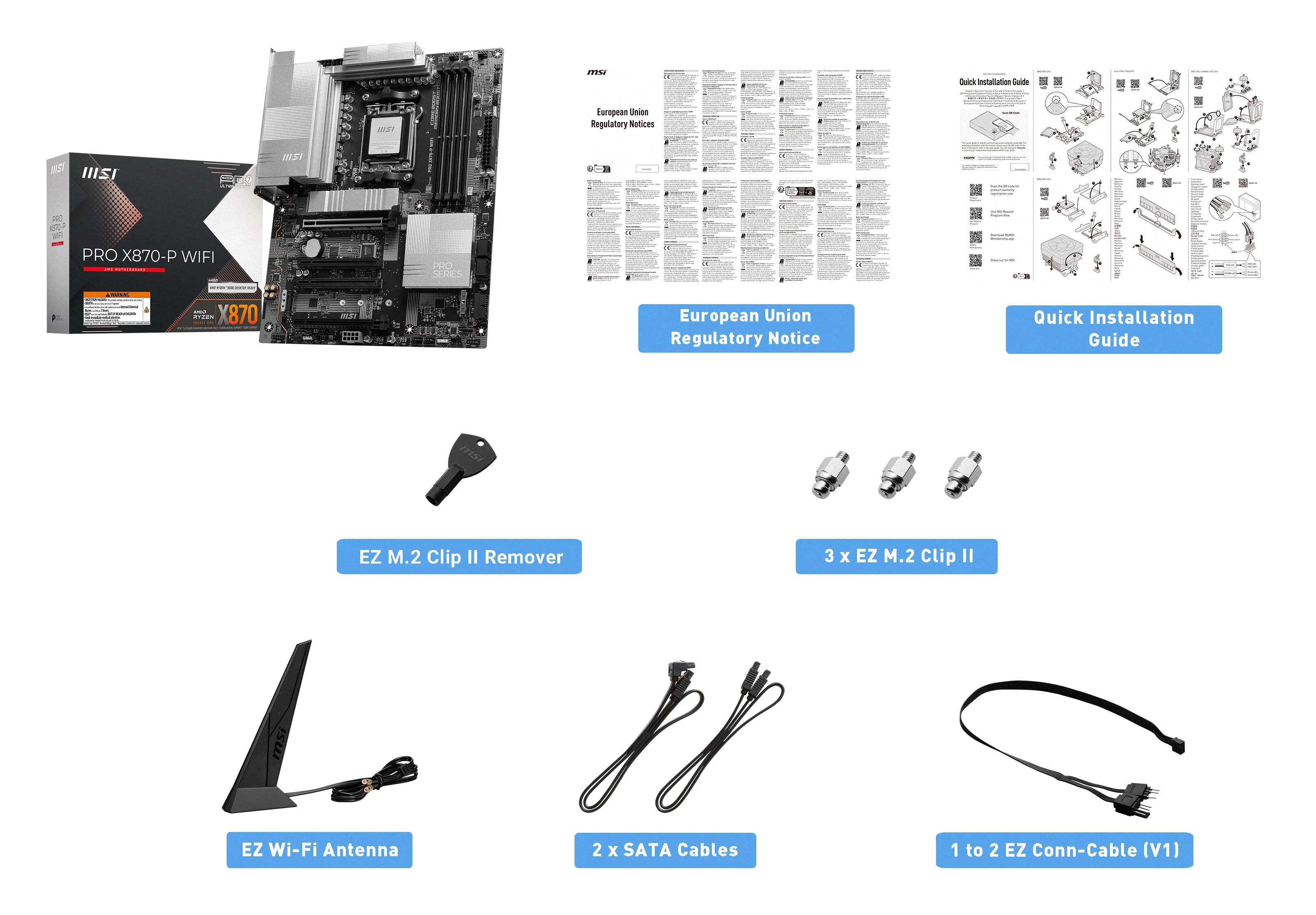 The image shows a computer system with its components laid out. The system includes a motherboard, a power supply, a CPU, a RAM, a hard drive, and a Wi-Fi antenna. The image also includes a guide for quick installation and a manual for European Union Regulatory Notice. The components are arranged in a way that allows for easy identification and understanding of the system's structure.