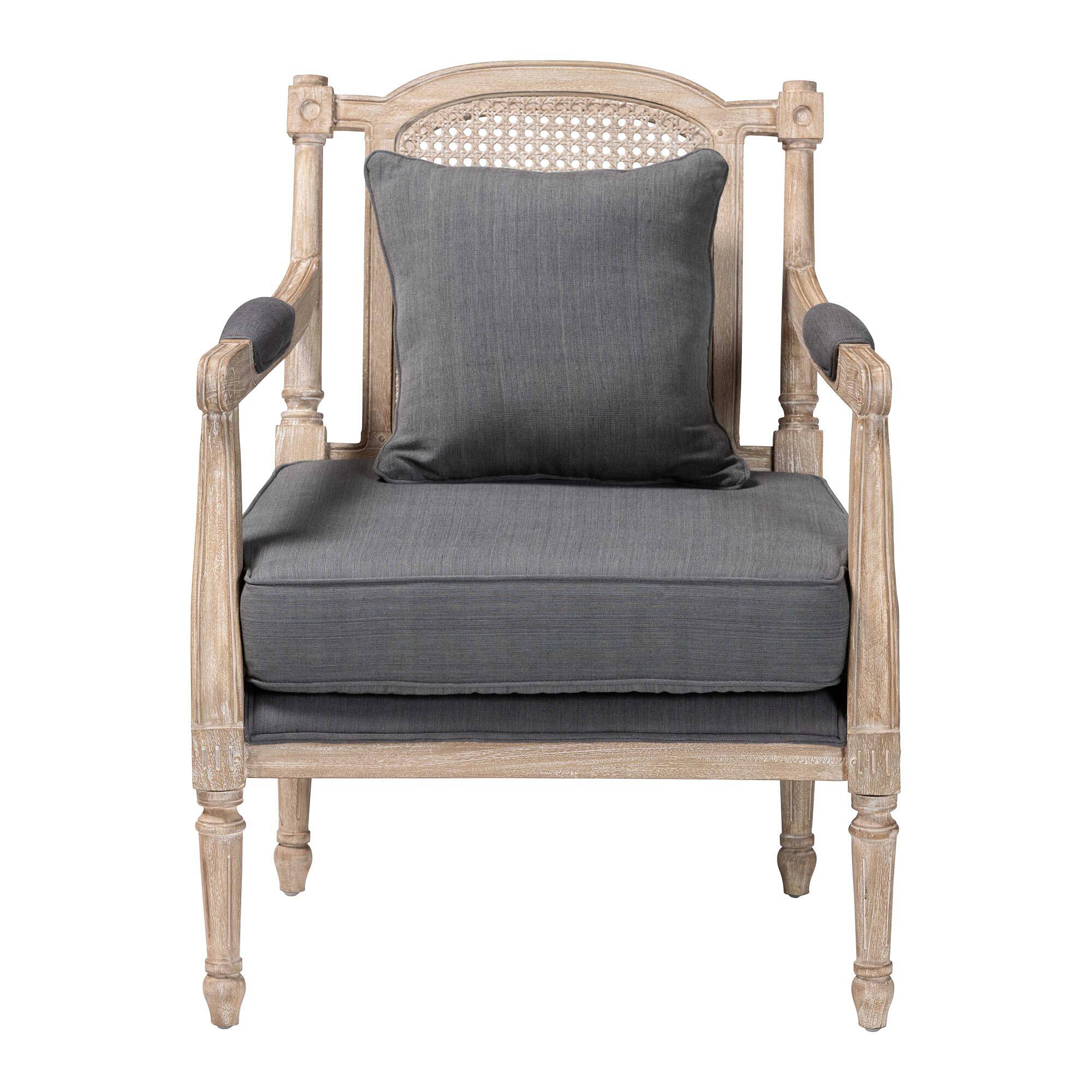 Angle. bali & pari - Clemence French Provincial Fabric Whitewashed Mahogany Wood Armchair - Grey/Whitewashed Brown.