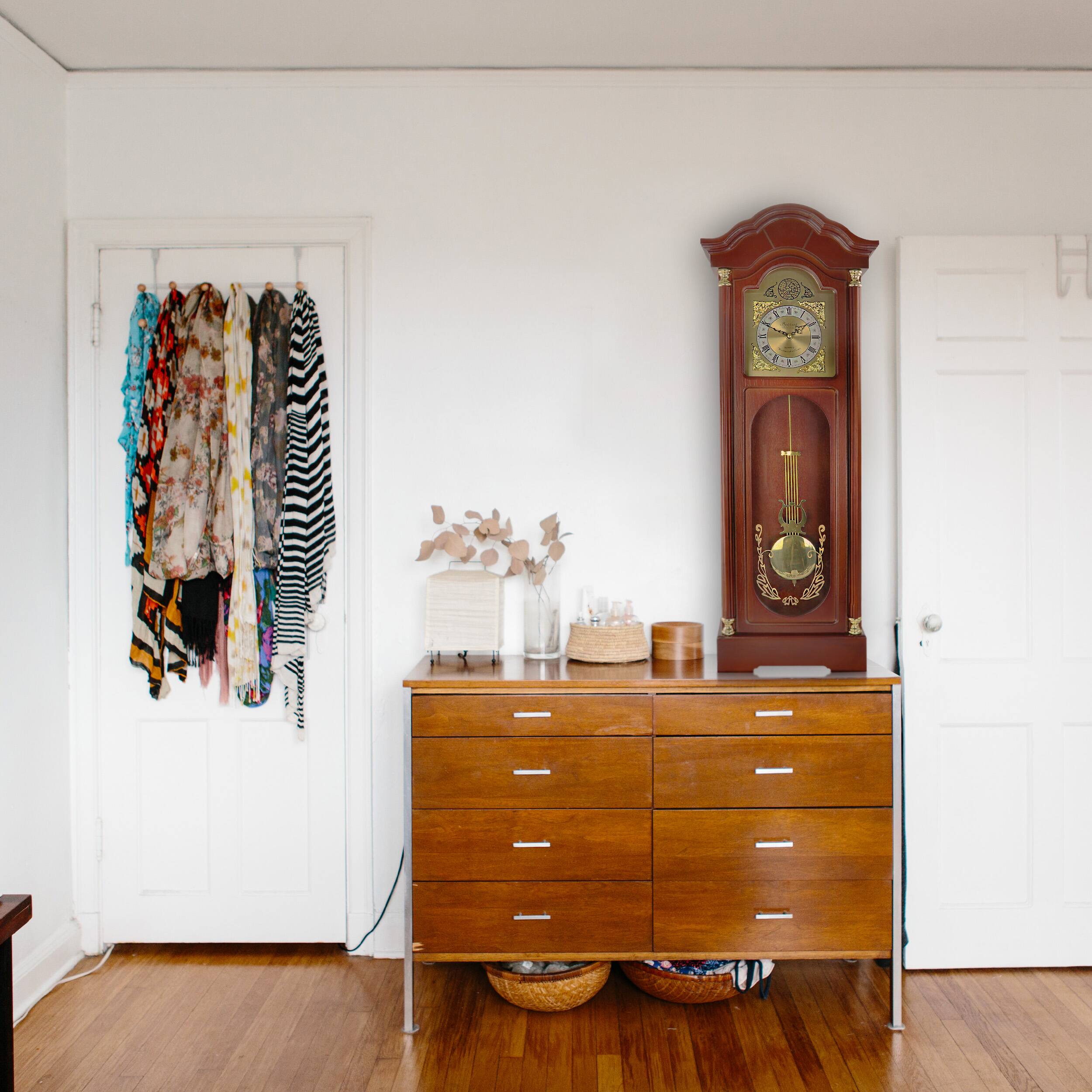 Alt View 3. Bedford Clock Collection - Bedford Clock Collection 33 Inch Chiming Pendulum Wall Clock in Antique Cherry Oak Finish - Brown.