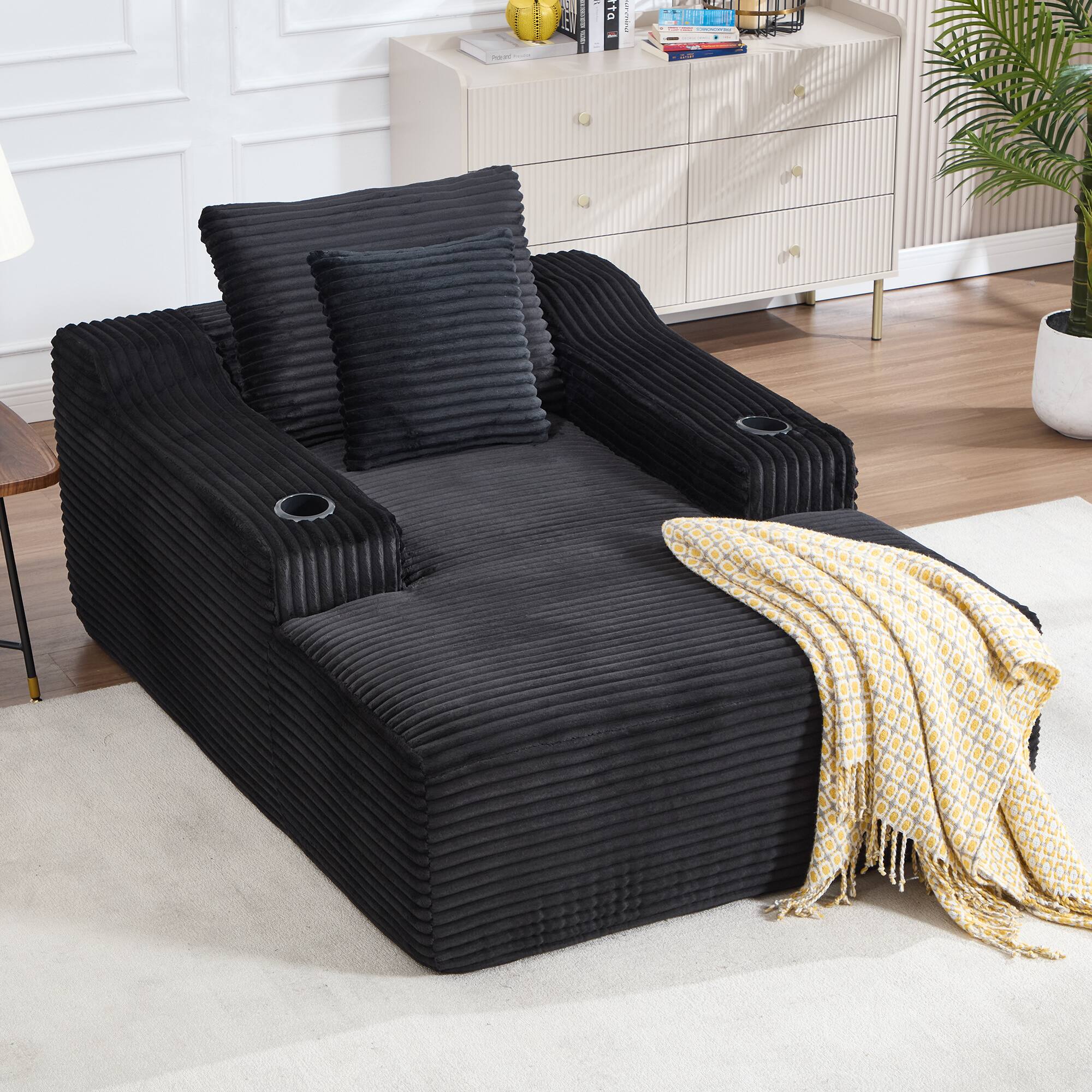 Angle. COWLOWN - 67in Chaise Lounge Chair 9.9in Wide Armrest Indoor Corduroy Oversized Sleeper Sofa Deep Seat Two Soft Pillows Black - Black.