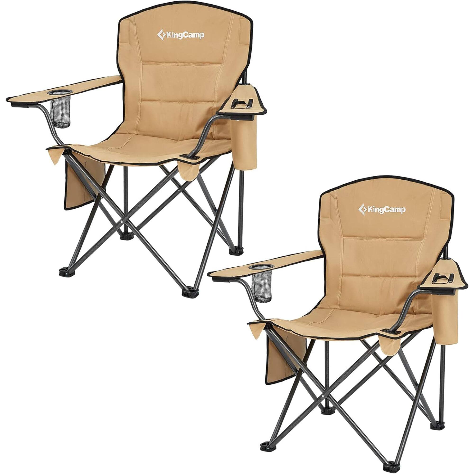 KingCamp - Padded Folding Chair with Cupholder, Cooler, and Pocket, (2 Pack) - Khaki