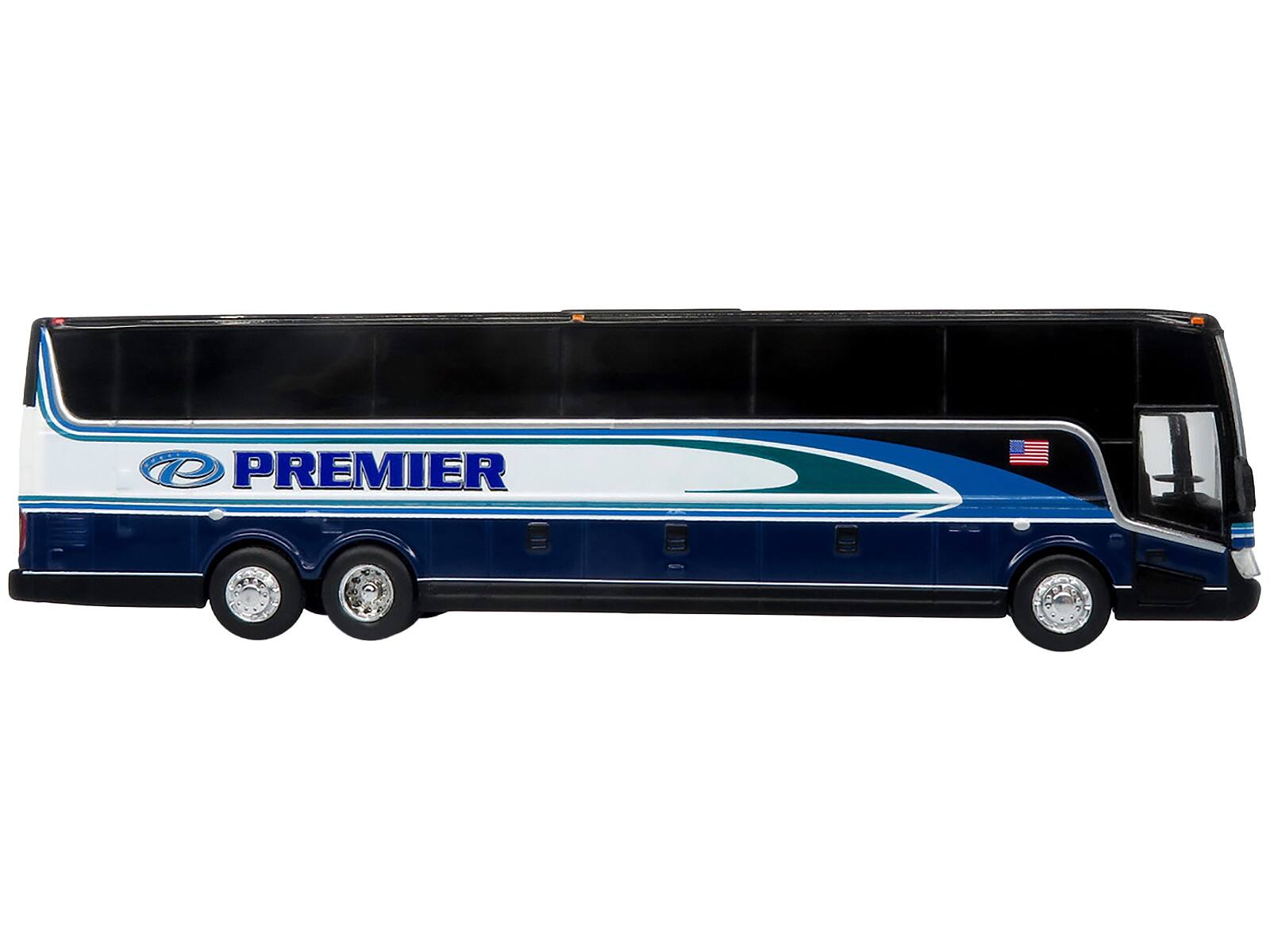 Angle. Iconic Replicas - Van Hool TX-45 Motorcoach Bus Premier Transportation Blue Black Graphics Limited Edition 1/87 HO - Blue ,Black Graphics.