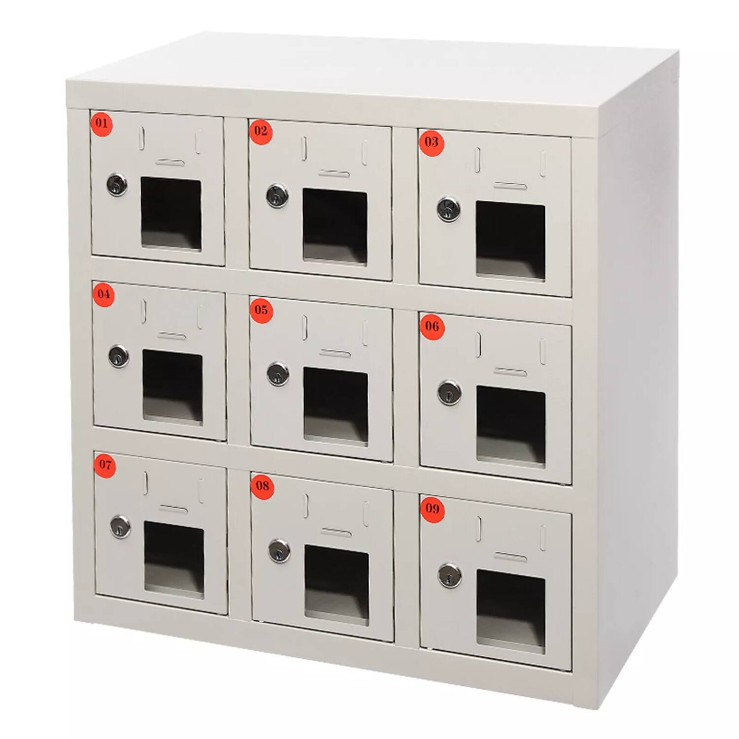 Left. Stock Preferred - 9-Slot Cell Phone Lock Box with Charging & Keyed Lock.