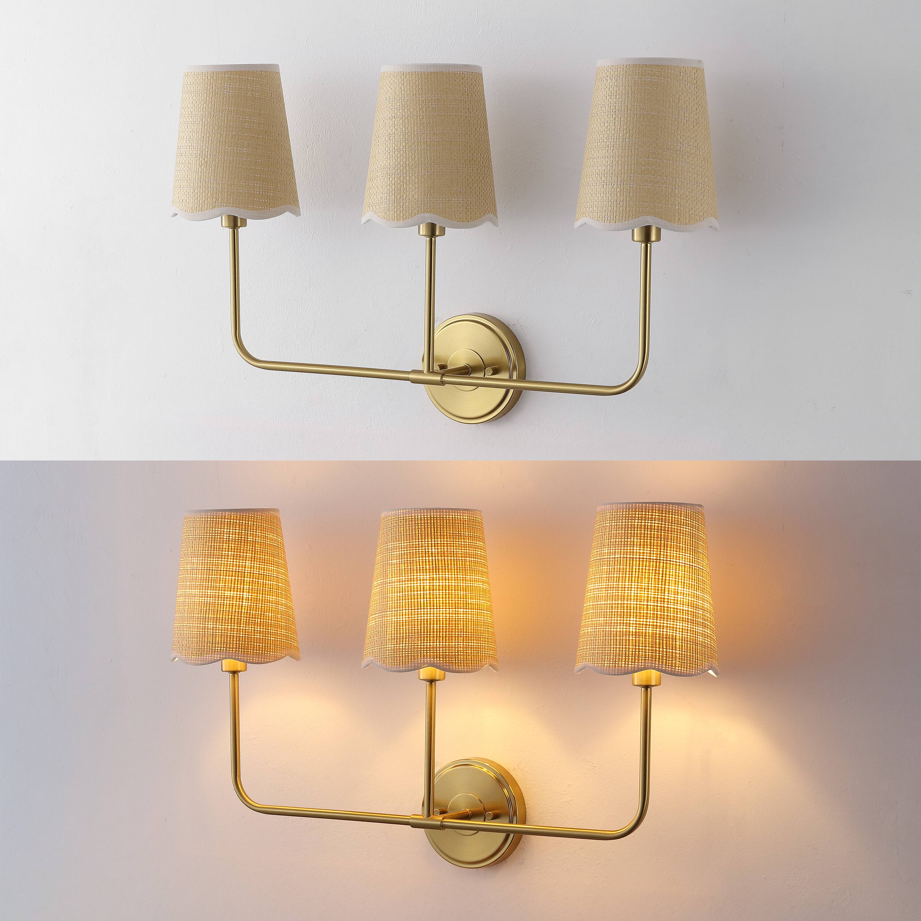 Alt View 4. Jonathan Y - Lila 26.5" 3-Light Traditional Coastal Scalloped Fabric Shade/Metal LED Vanity Light, Brass Gold/Brown - Brown/White/Brass Gold.